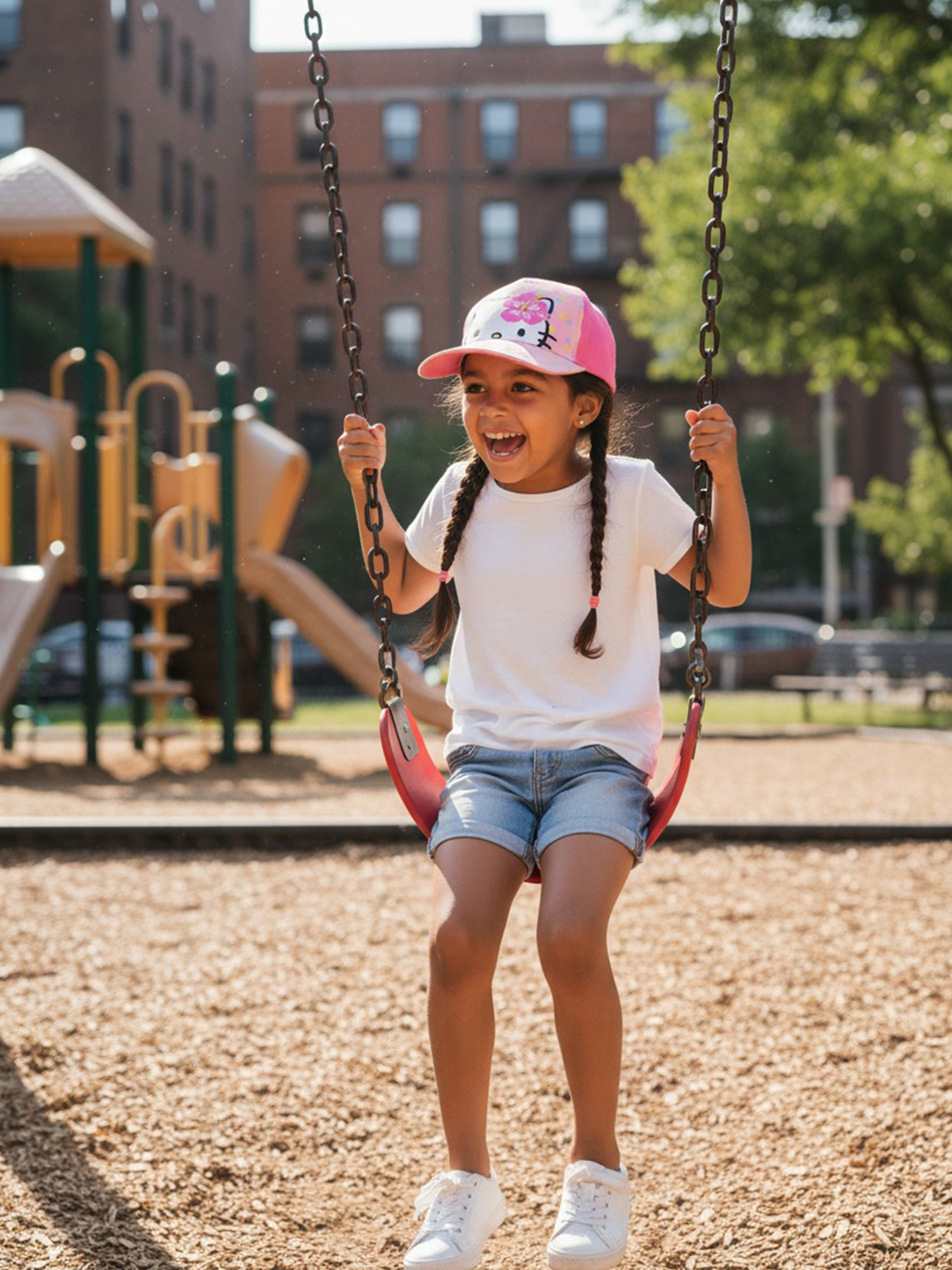 Ein Mädchen mit Zöpfen schaukelt auf einem Spielplatz. Sie trägt ein weißes T-Shirt und Jeansshorts.
