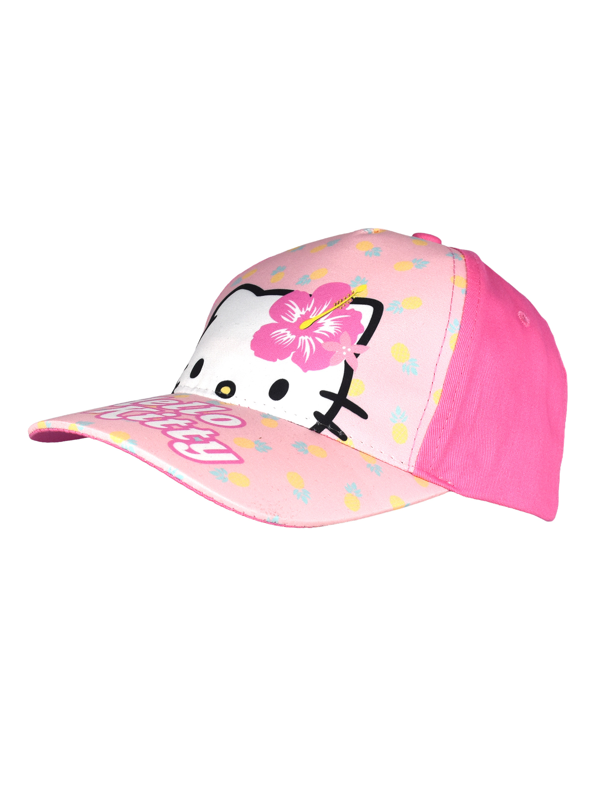 Ein rosa Hello Kitty Baseballcap mit tropischen Ananas- und Hibiskusmotiven.