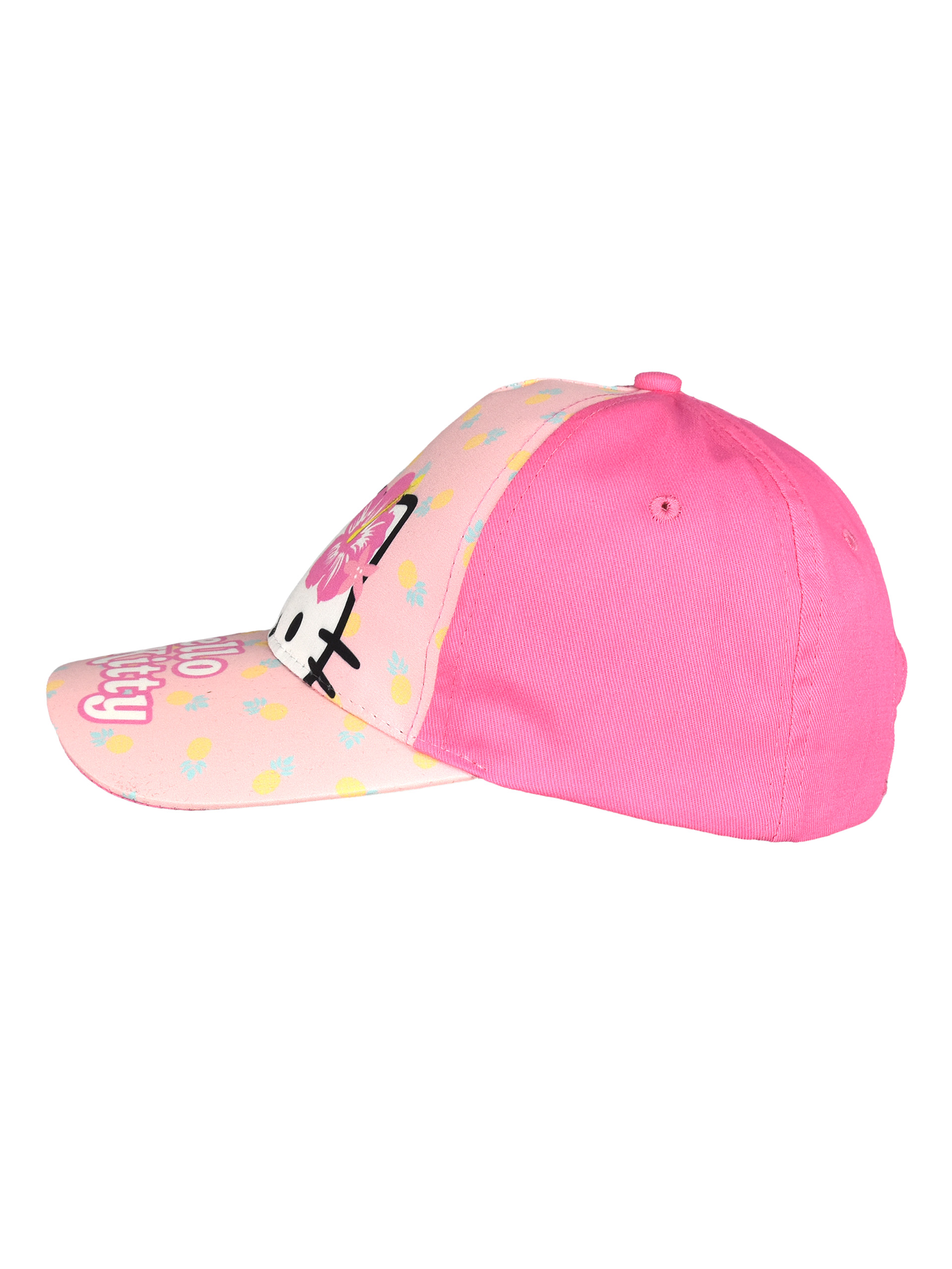 Eine pinke Kappe mit Hello Kitty und Blumenmuster.