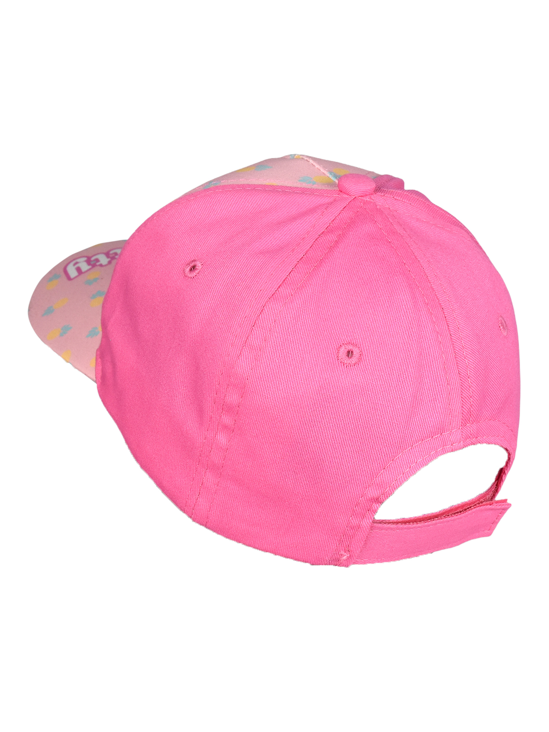 Eine pinke Kappe mit einem Muster aus Herzen und Sternen auf dem Schirm.