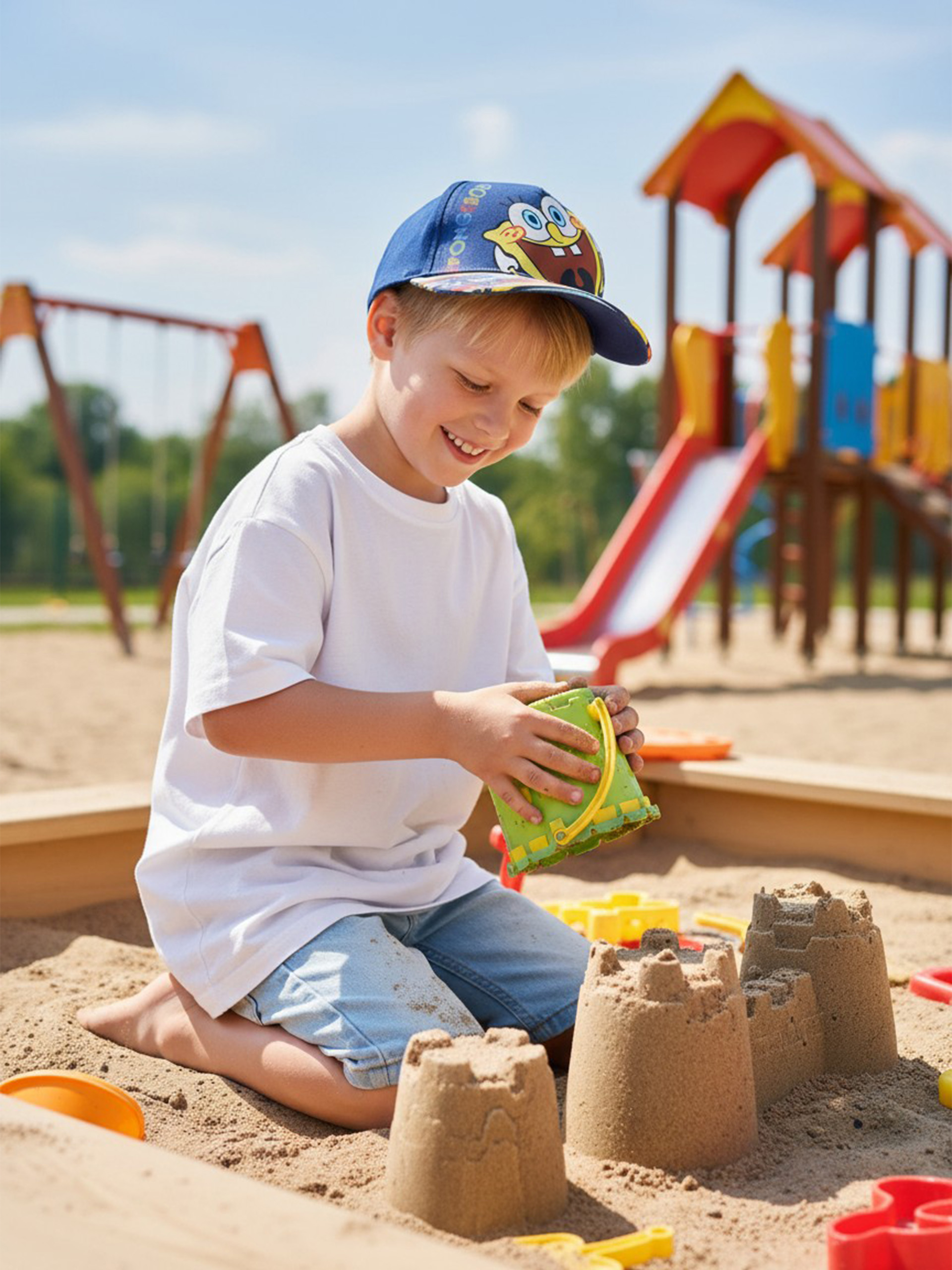 Ein Junge mit Spongebob-Kappe spielt im Sandkasten mit Spielzeug.
