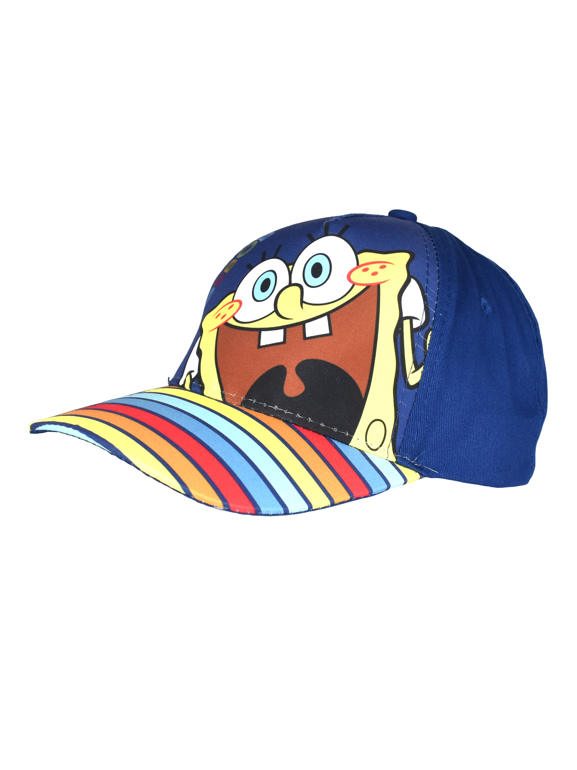 Eine blaue Kappe mit einem Spongebob-Aufdruck und bunten Streifen auf dem Schirm.