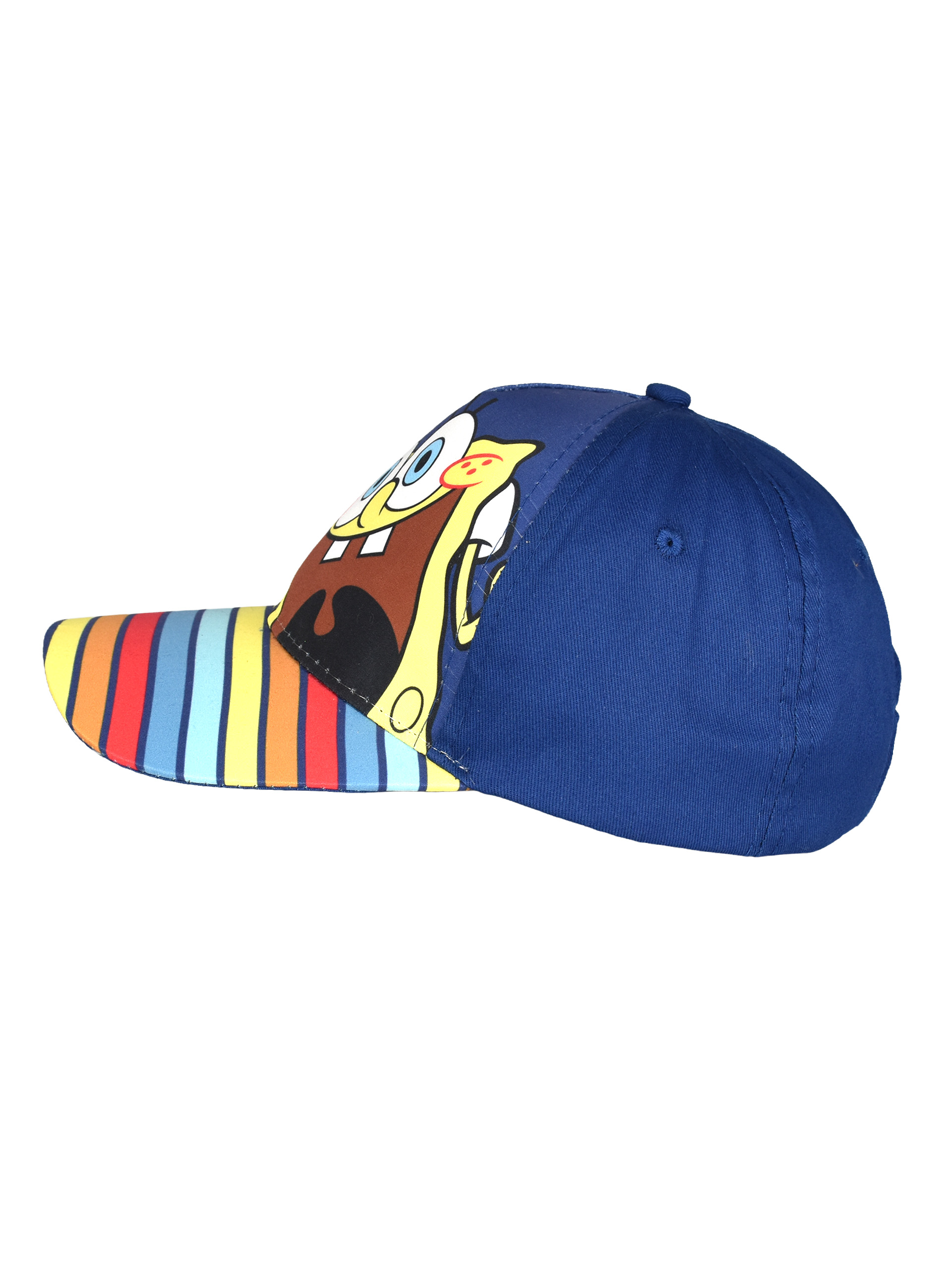 Eine blaue Kappe mit Spongebob-Aufdruck und bunten Streifen auf dem Schirm.