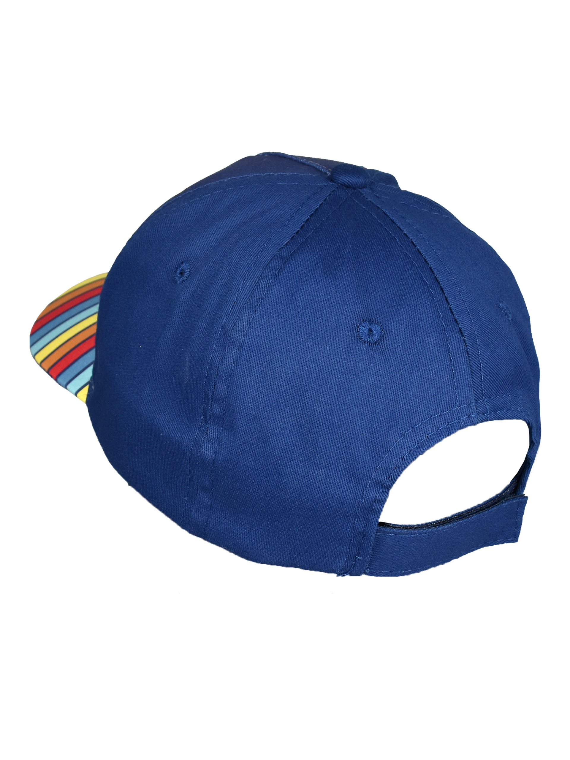 Dunkelblaue Kappe mit bunt gestreiftem Schirm und weißem Hintergrund.