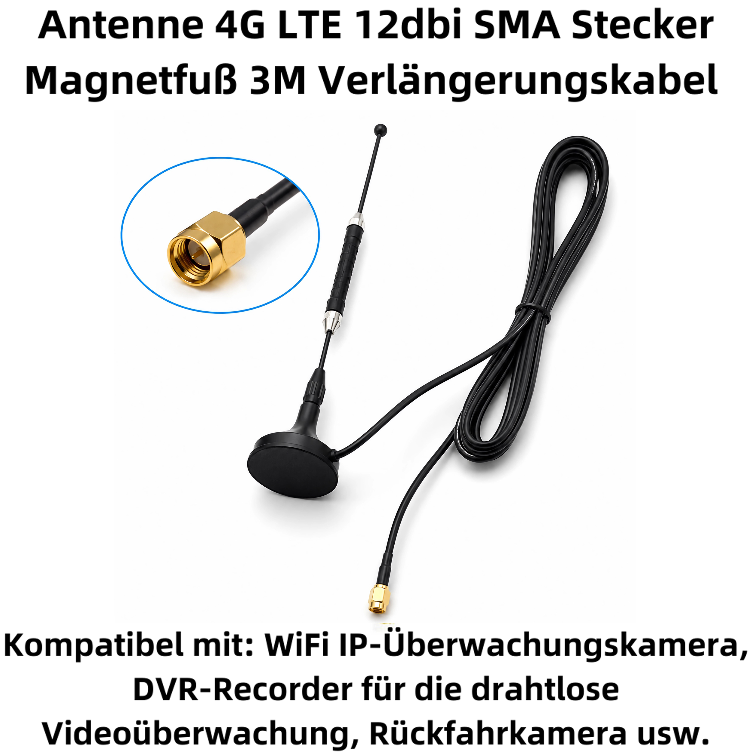 Schwarze 4G LTE Antenne mit SMA-Stecker, Magnetfuß und 3M Kabel.