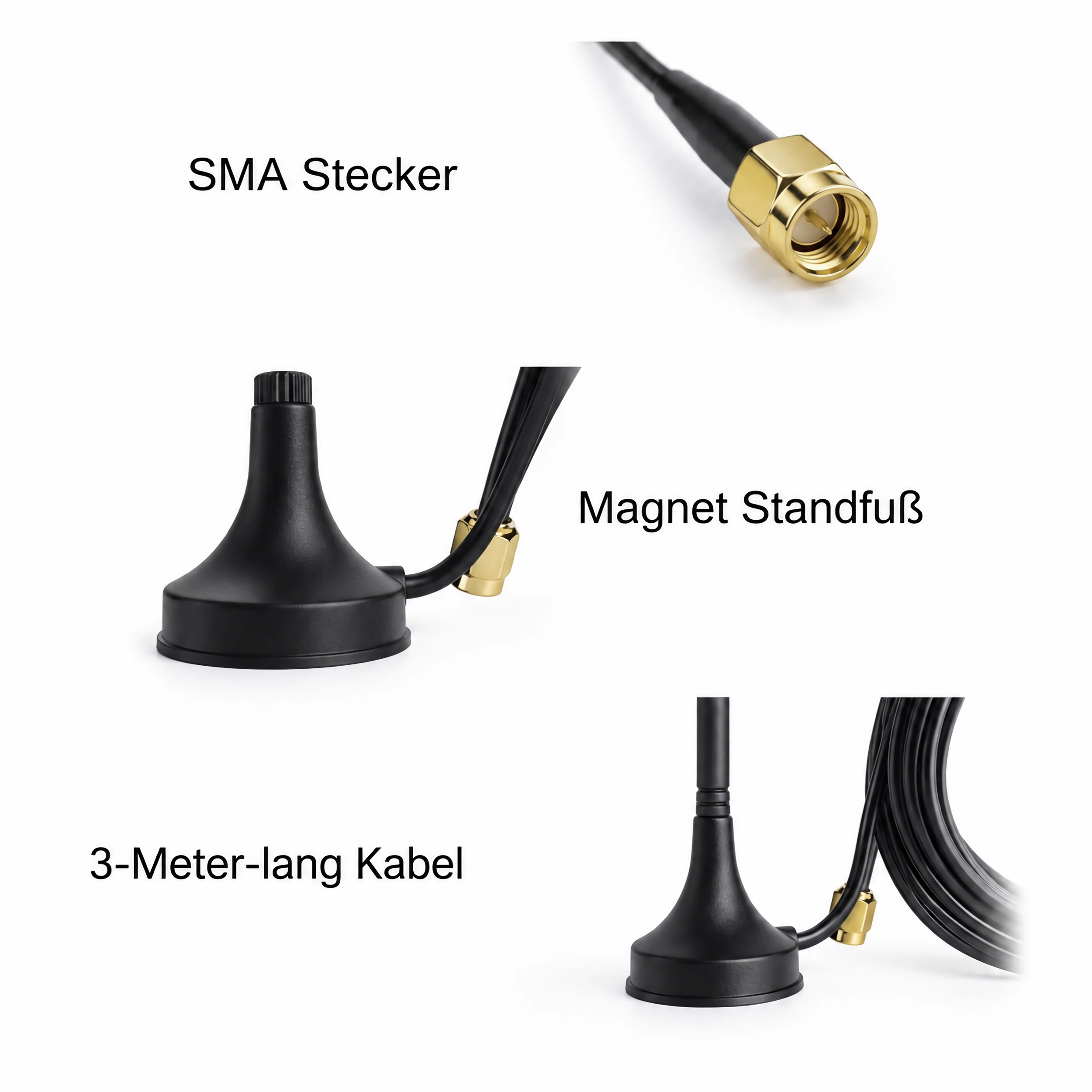 Ein SMA-Stecker, ein Magnetfuß und ein 3-Meter-langes Kabel.