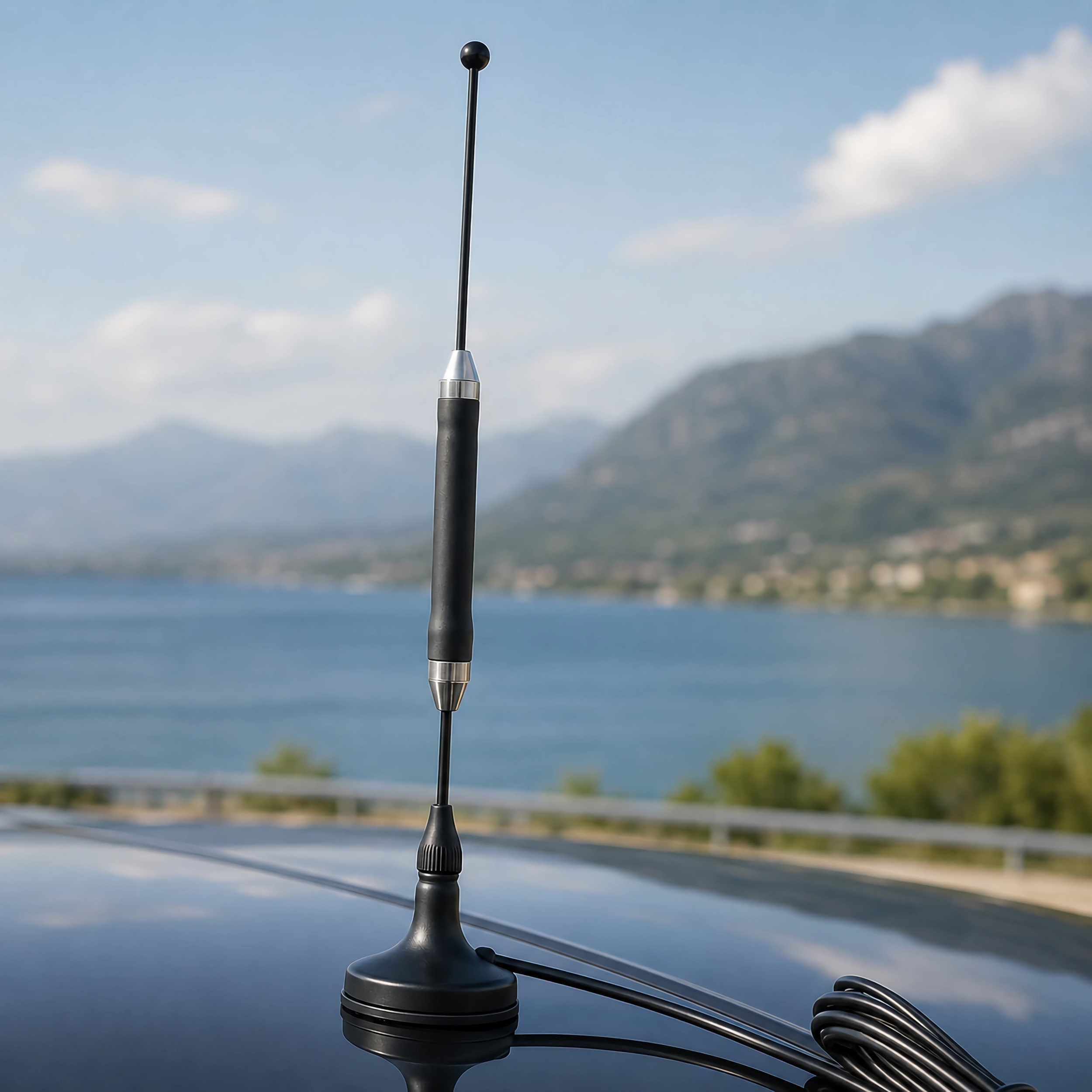 Eine schwarze Antenne auf einem Auto mit See und Bergen im Hintergrund.