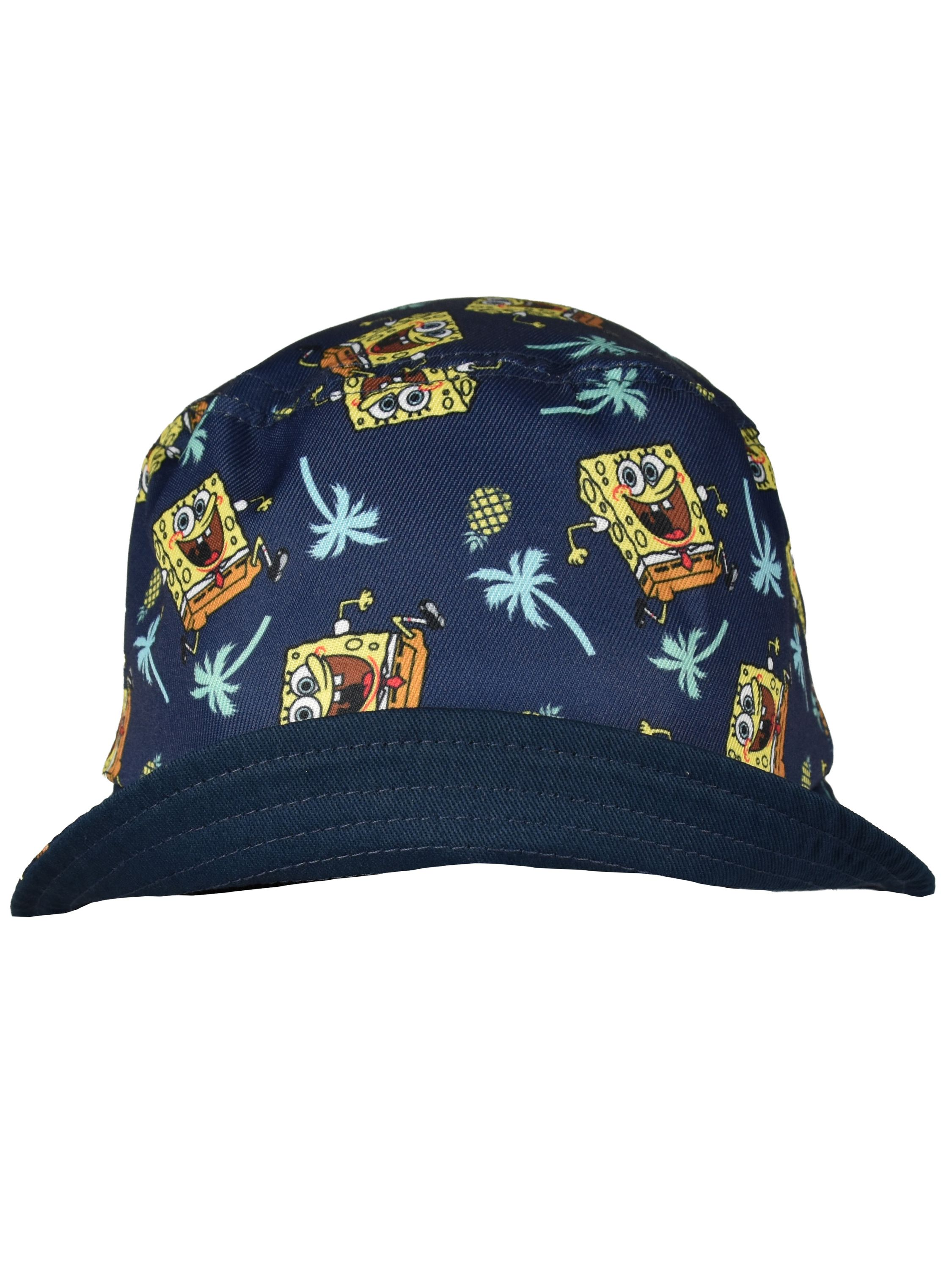 Dunkelblaue Fischerhut mit Spongebob-Aufdruck und Palmen.