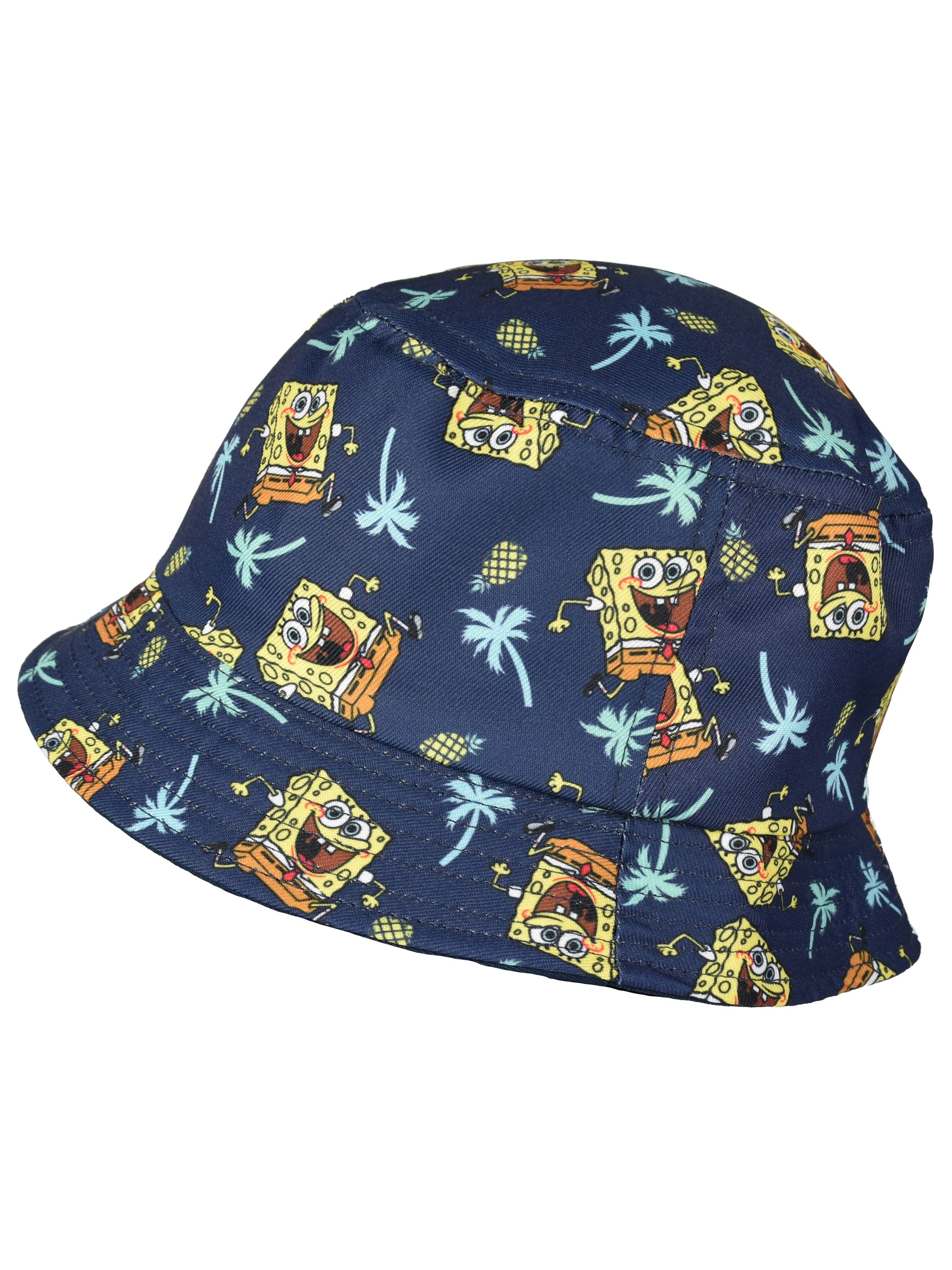 Ein dunkelblauer Fischerhut mit Spongebob-Muster und Palmen.