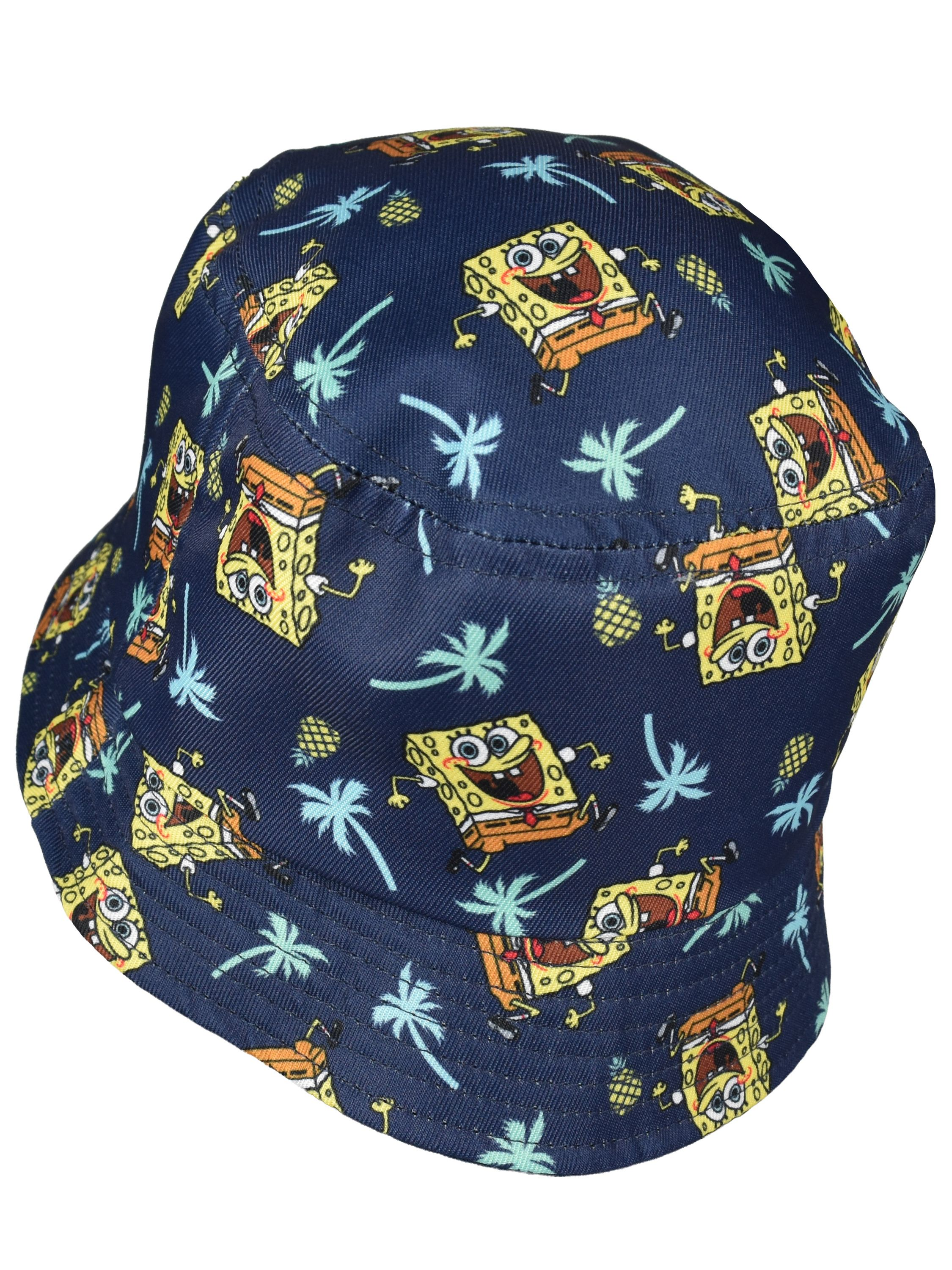 Dunkelblaue Eimermütze mit Spongebob-Muster und Palmen.