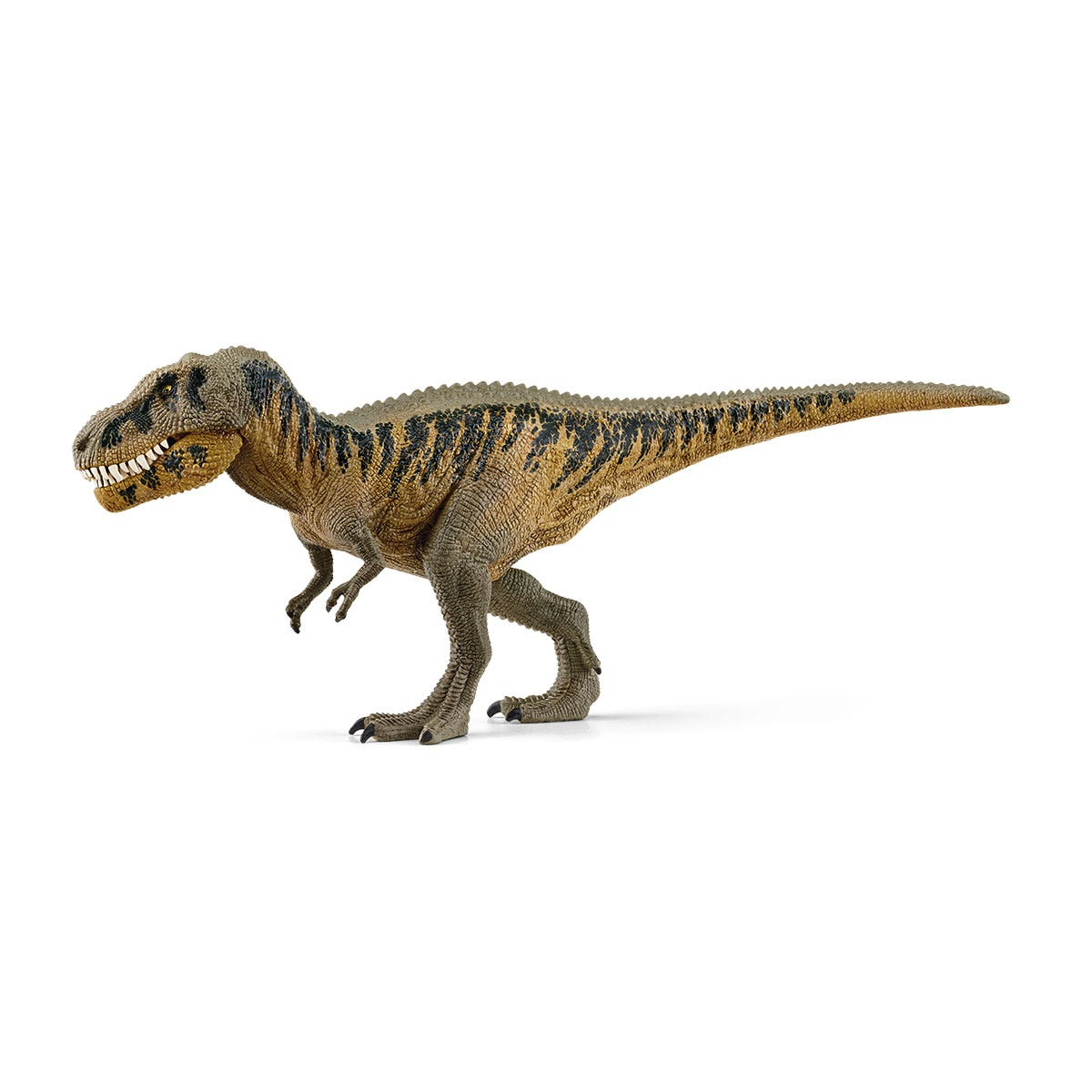 Un dinosauro giocattolo Tyrannosaurus Rex marrone con strisce nere su sfondo bianco.