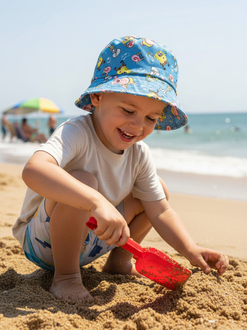 Ein Junge mit einem Spongebob-Hut spielt im Sand mit einer roten Schaufel.