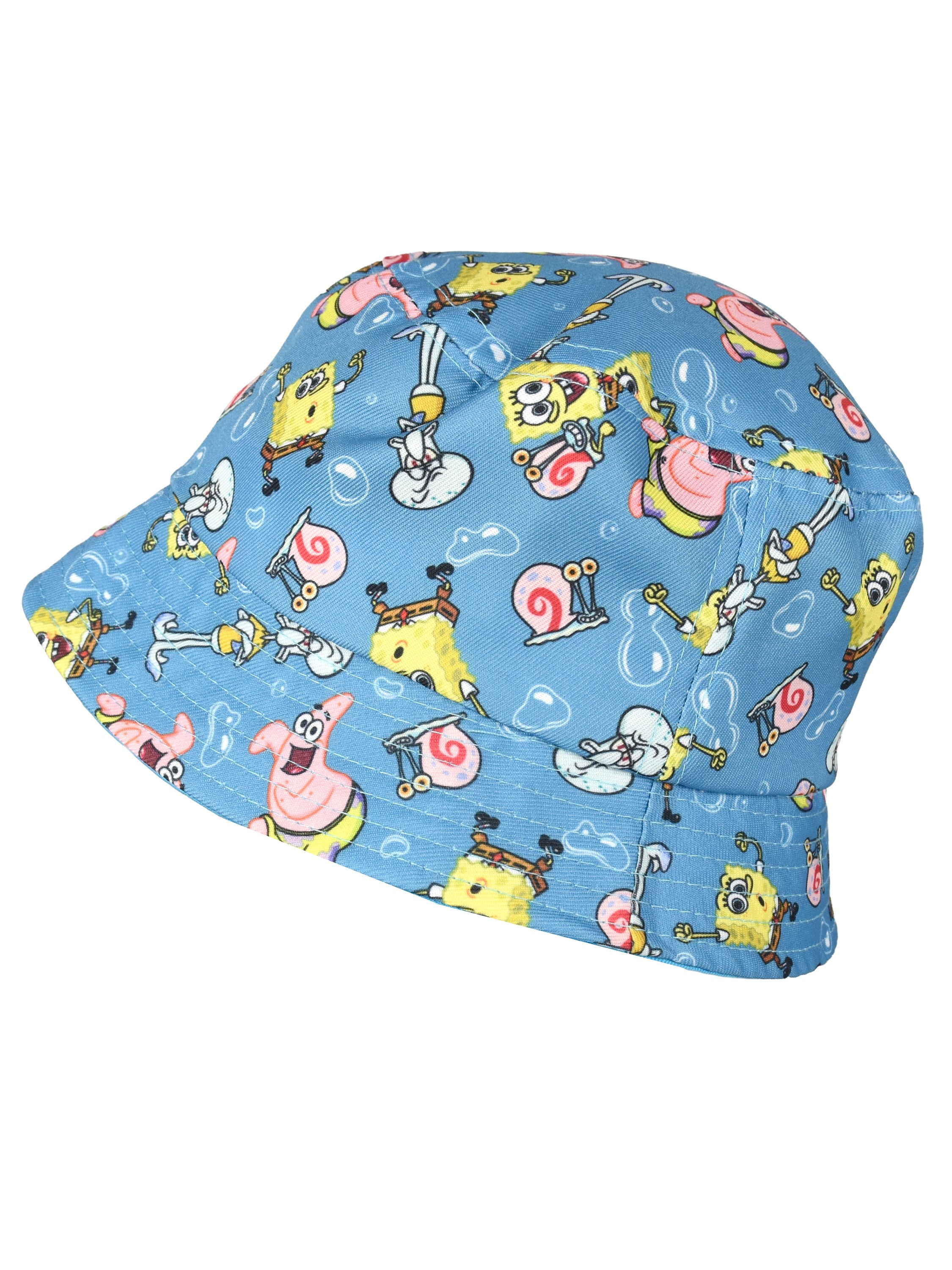 Ein blauer Eimerhut mit Spongebob-Charakteren und Gary, der Schnecke.