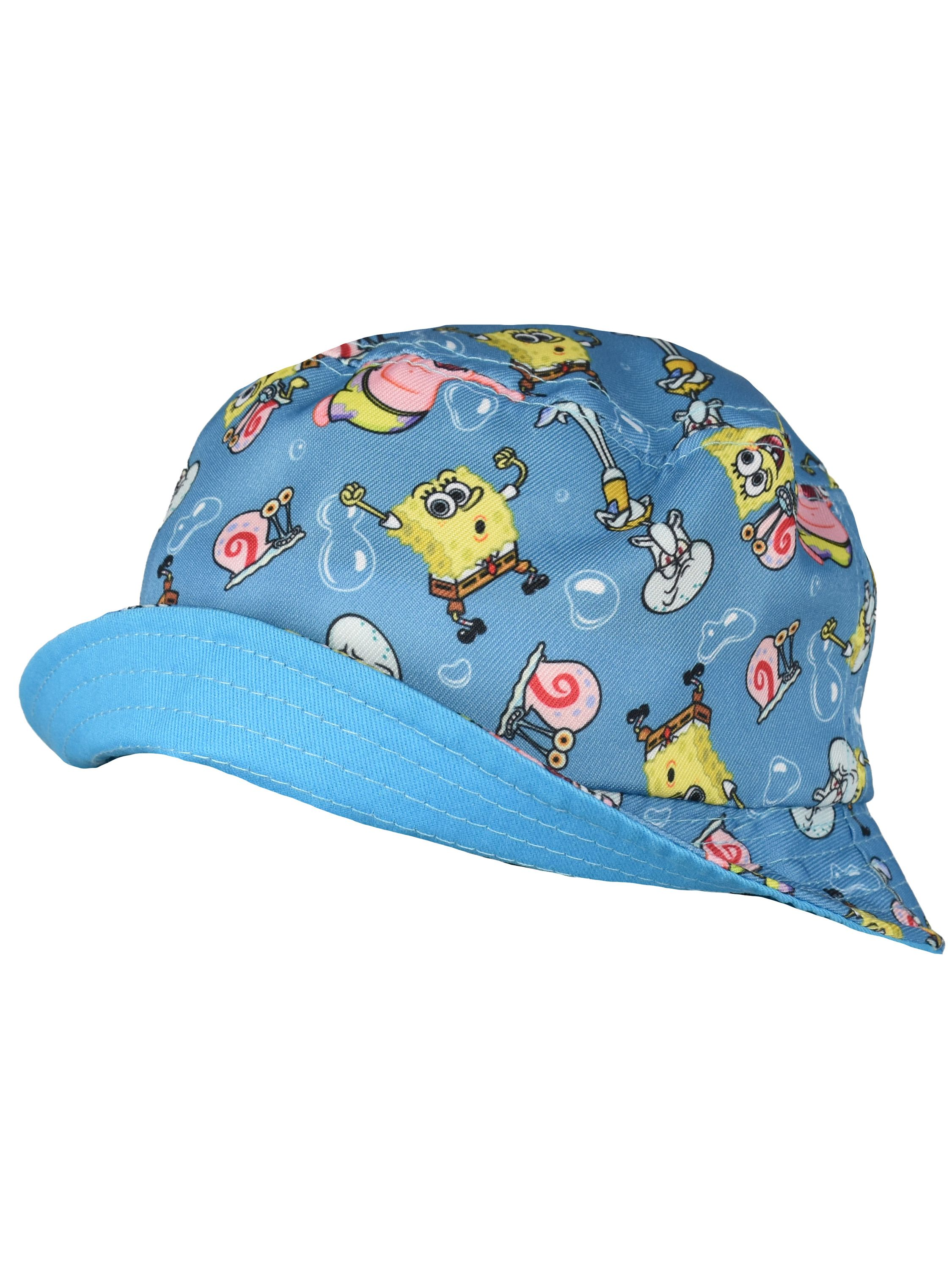 Eine blaue Kappe mit Spongebob-Figuren und einer blauen Krempe.