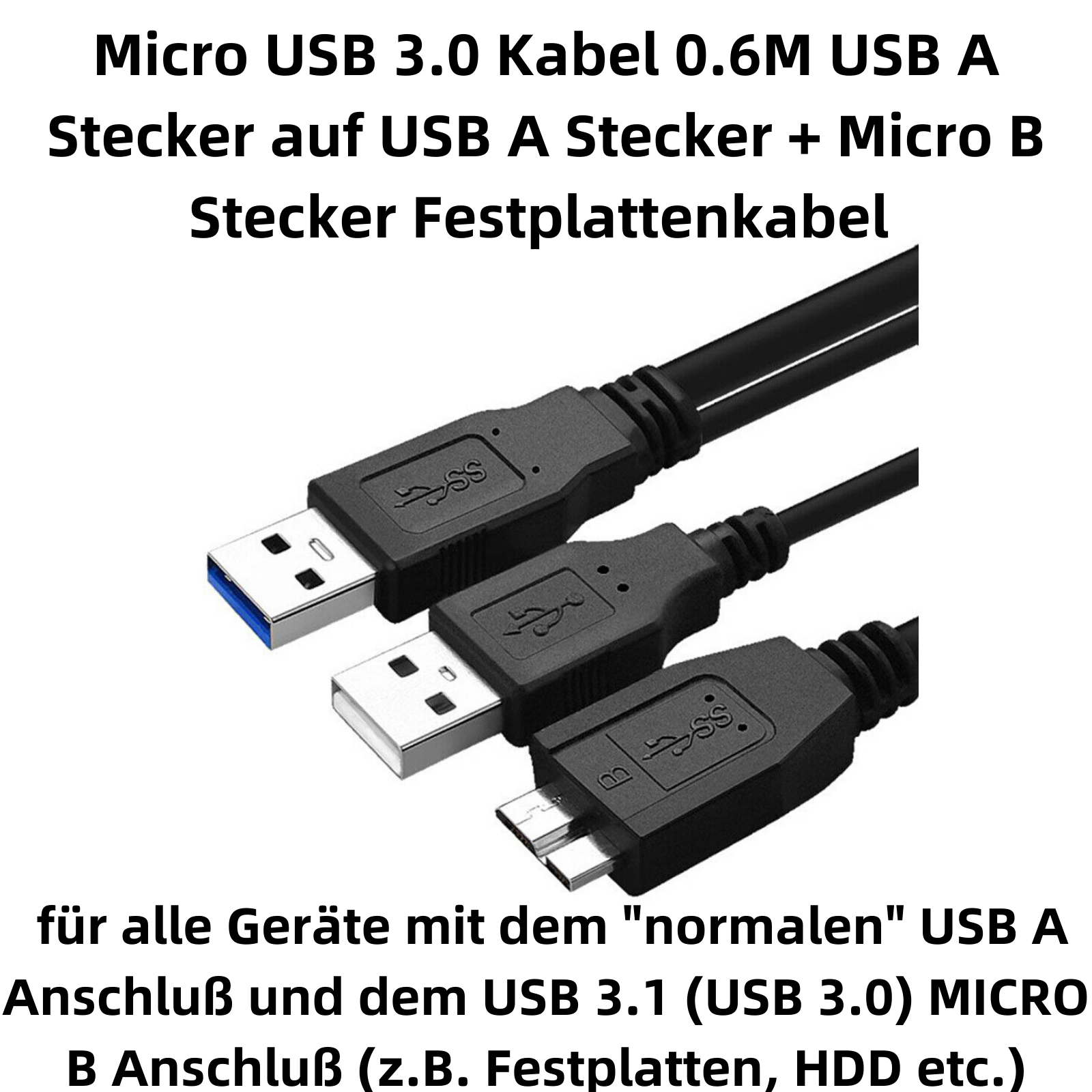 Drei USB-Kabel mit verschiedenen Steckern: USB-A, USB-A (SS) und Micro-B (SS).