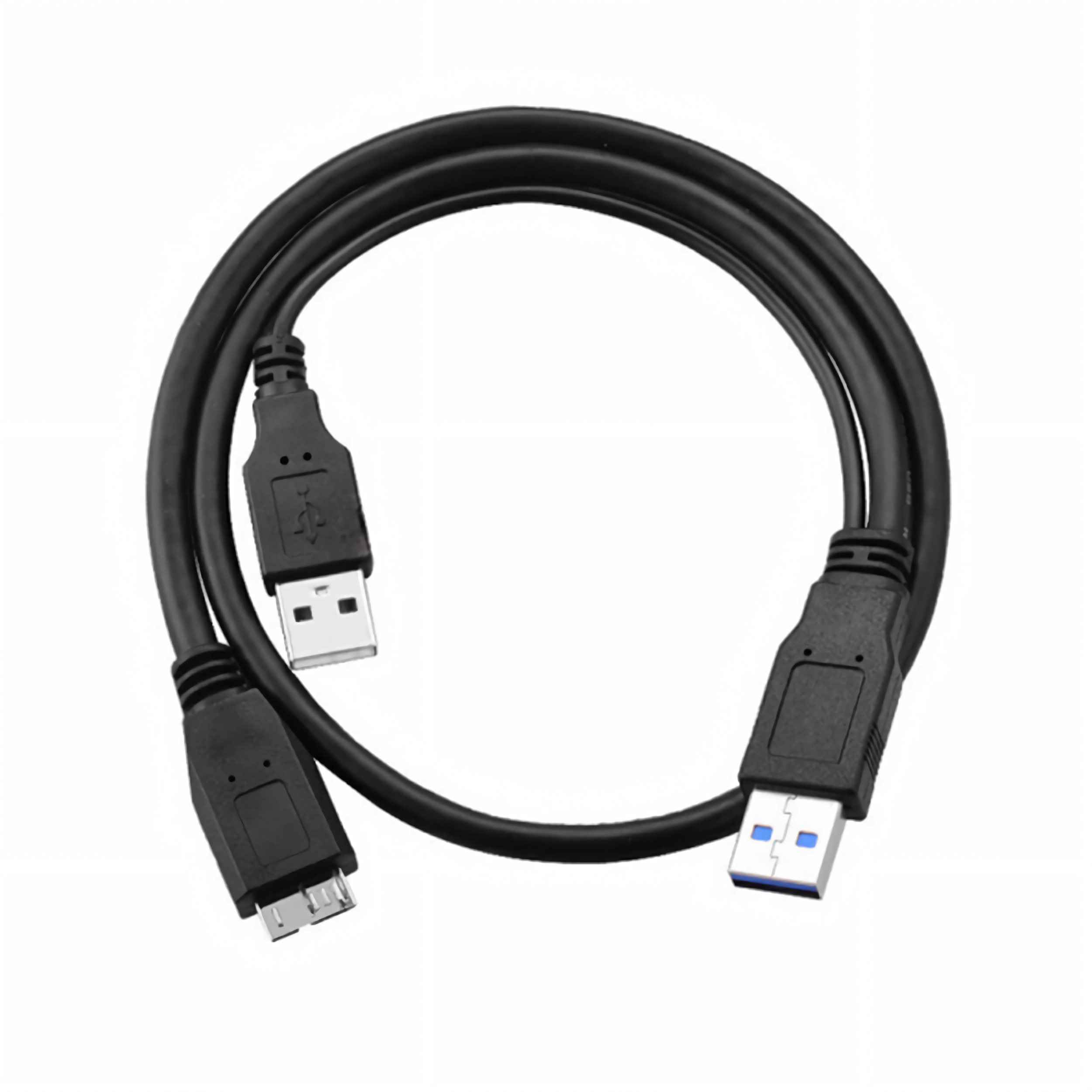 Ein schwarzes USB-Kabel mit einem Standard-USB-A-Stecker und einem Micro-USB-Stecker.