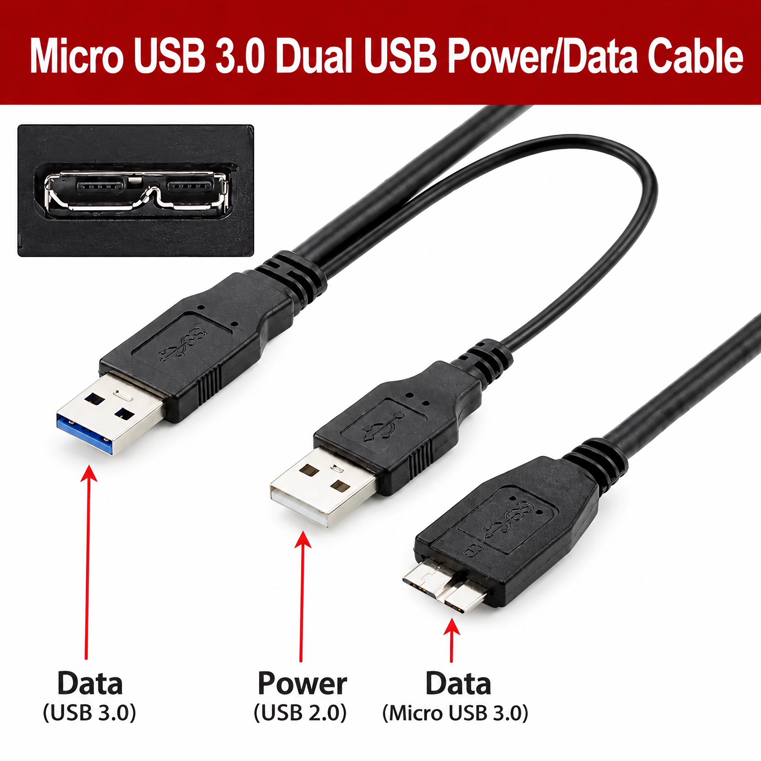 Ein schwarzes USB 3.0-Kabel mit zwei Anschlüssen: Daten (USB 3.0) und Strom (USB 2.0).