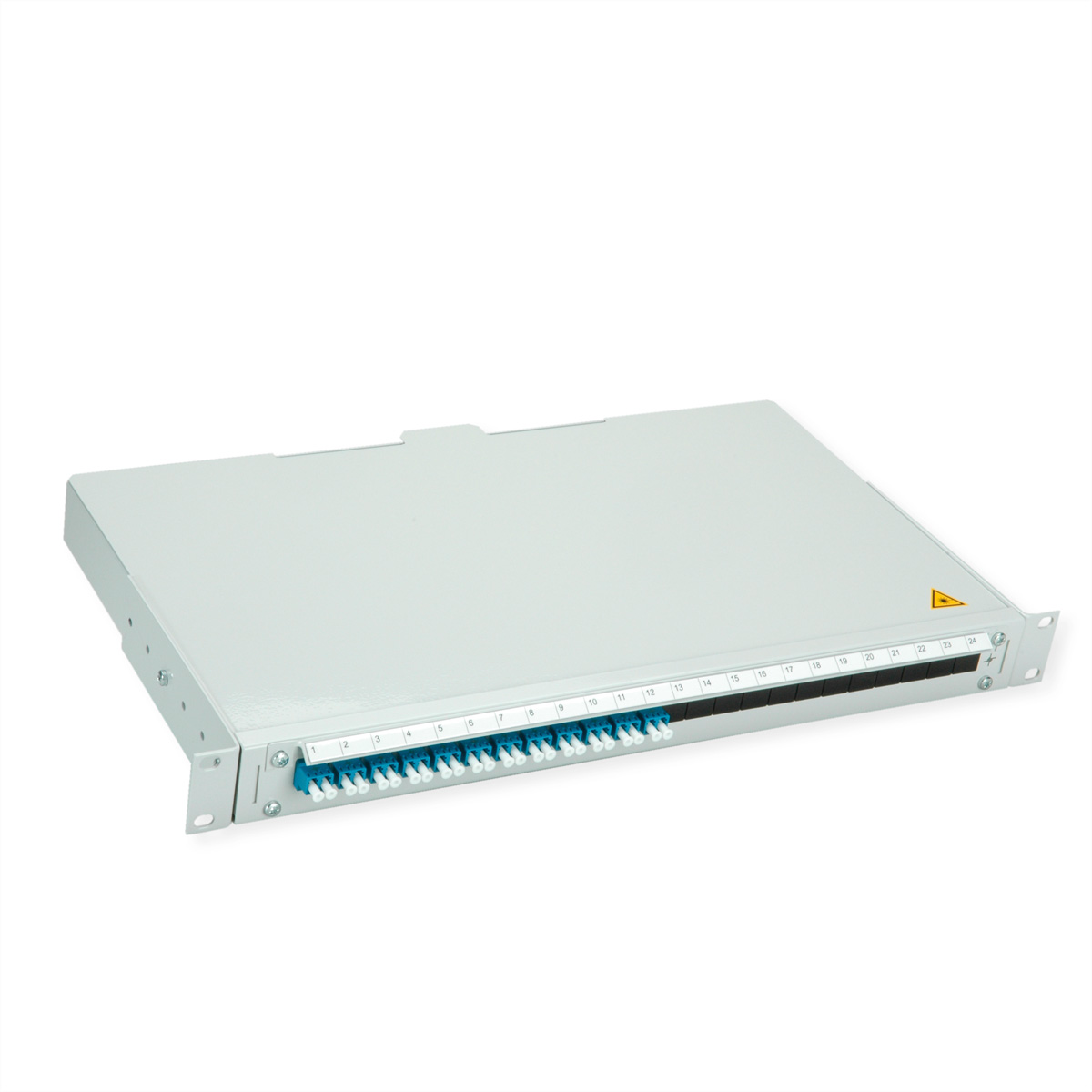 Ein graues Patchpanel mit 24 Anschlüssen, nummeriert von 1 bis 24.