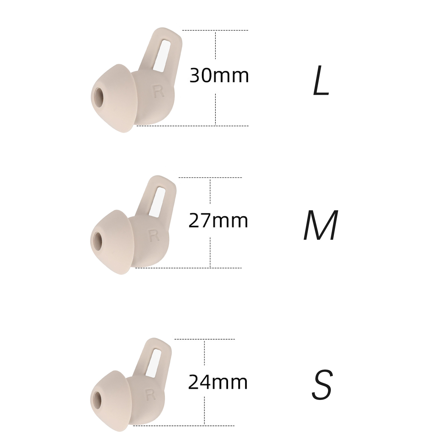 Drei Ohrstöpselgrößen: L (30mm), M (27mm), S (24mm), beige.