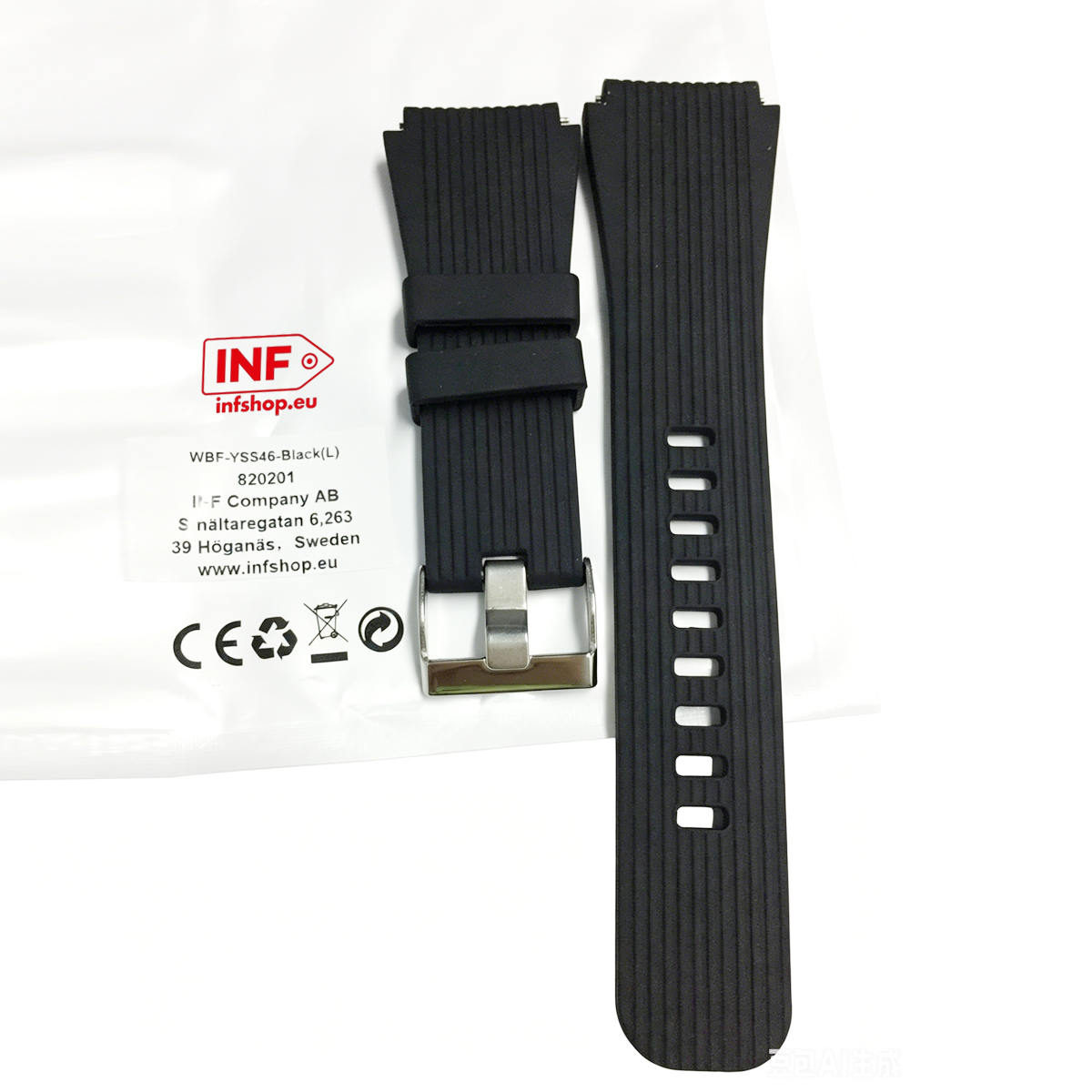 Zwei schwarze Uhrenarmbänder aus Gummi mit Falten und Metallschnalle.
