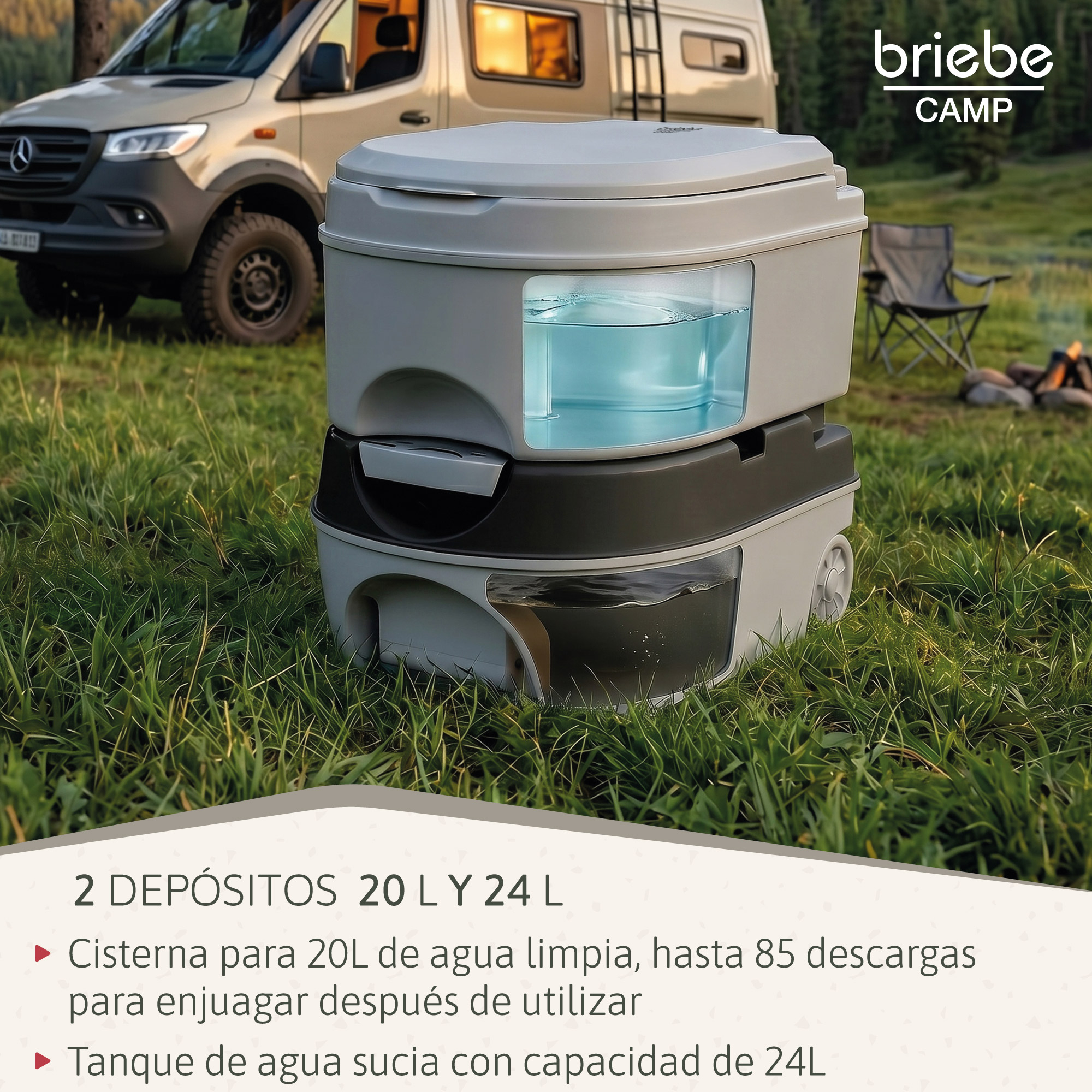 Un inodoro portátil de camping está en el césped frente a una autocaravana.