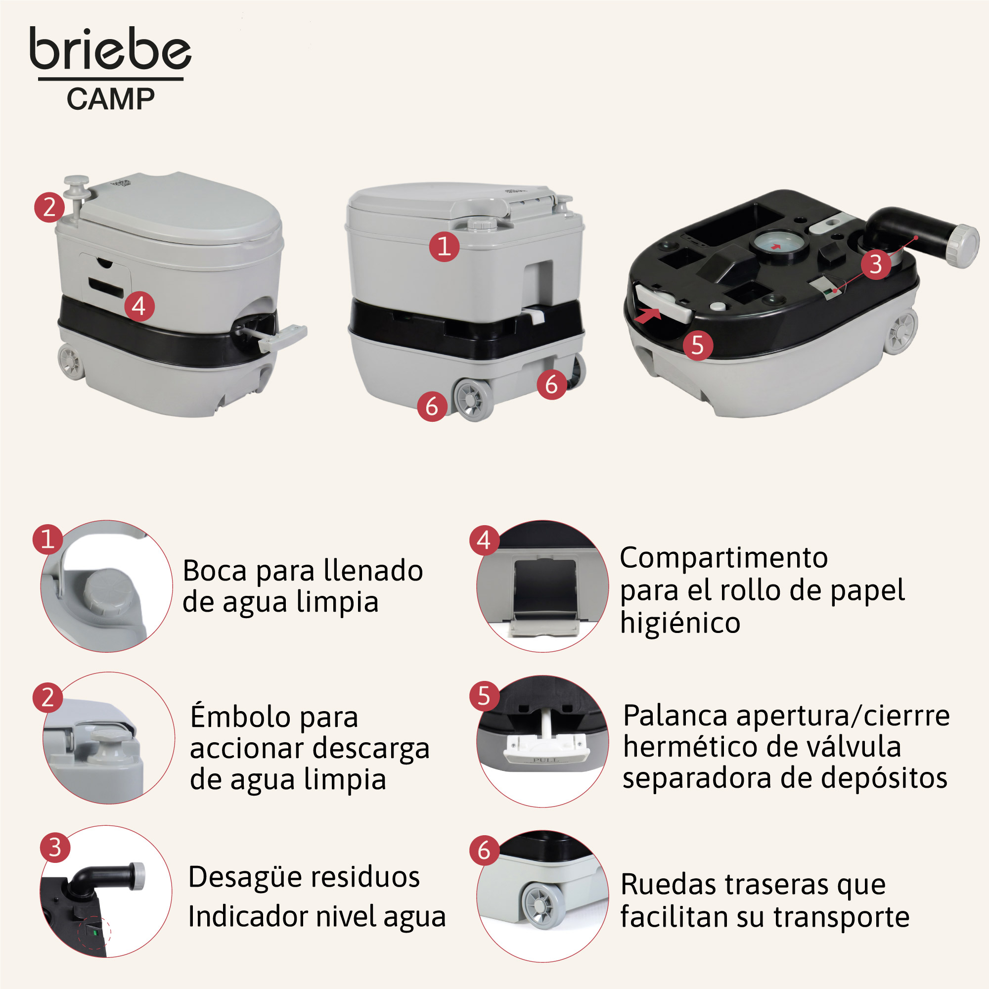 Tres inodoros portátiles de camping con etiquetas y vistas detalladas.