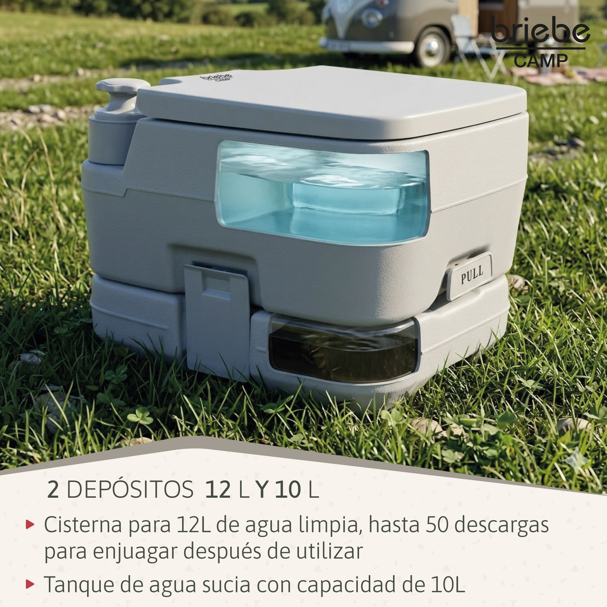 Inodoro portátil con 12L de agua limpia y 10L de depósito de aguas residuales.
