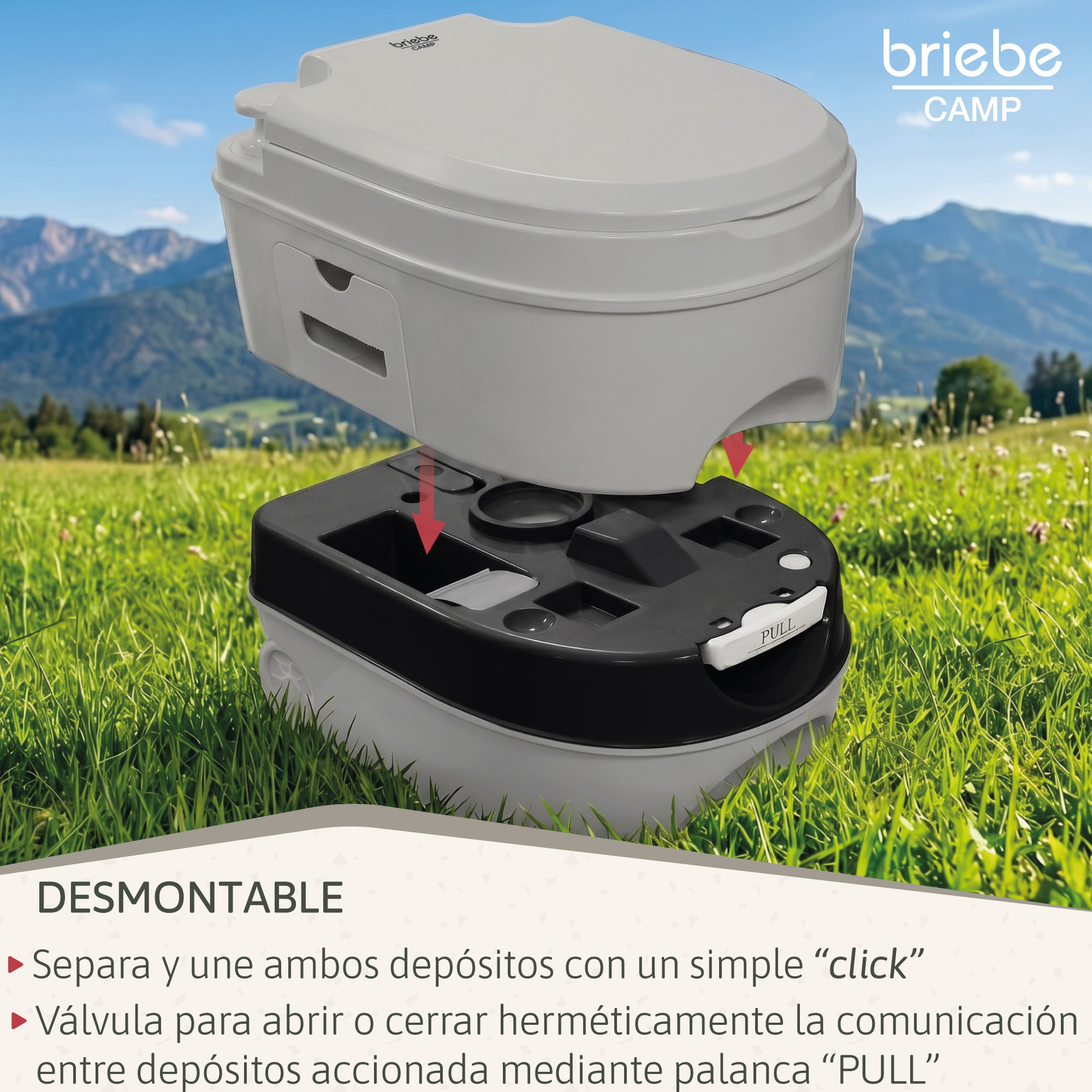 Un inodoro portátil de camping se muestra al aire libre. Es desmontable.
