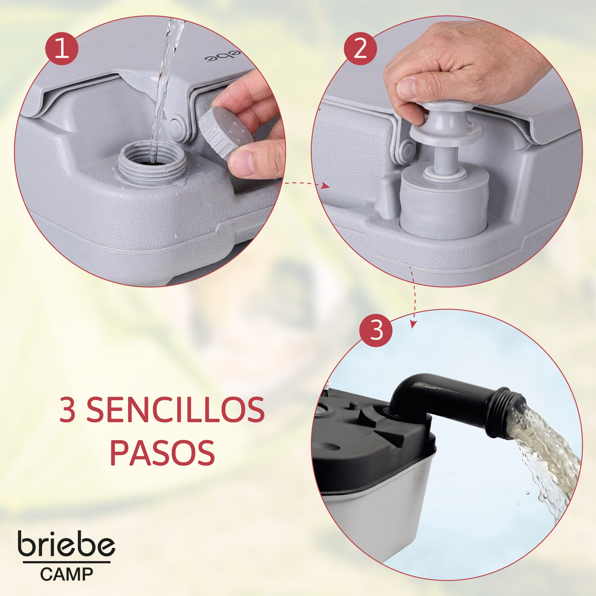 Paso 1: Verter agua. Paso 2: Operar bomba. Paso 3: Drenar agua.