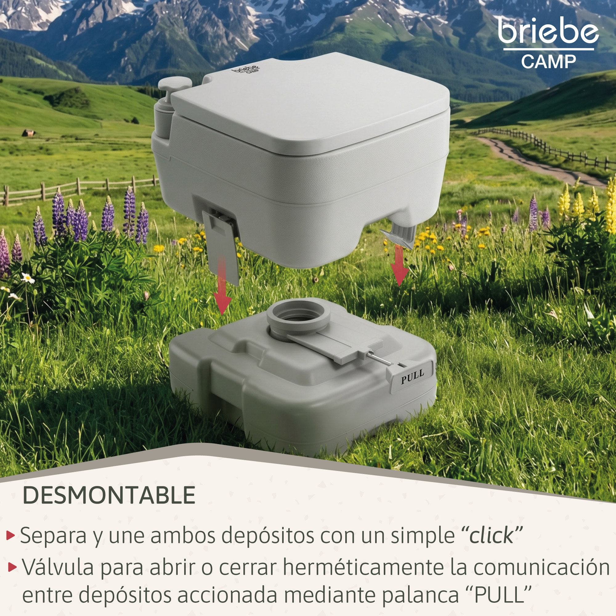 Inodoro gris de camping con dos depósitos en el césped. Montañas al fondo.