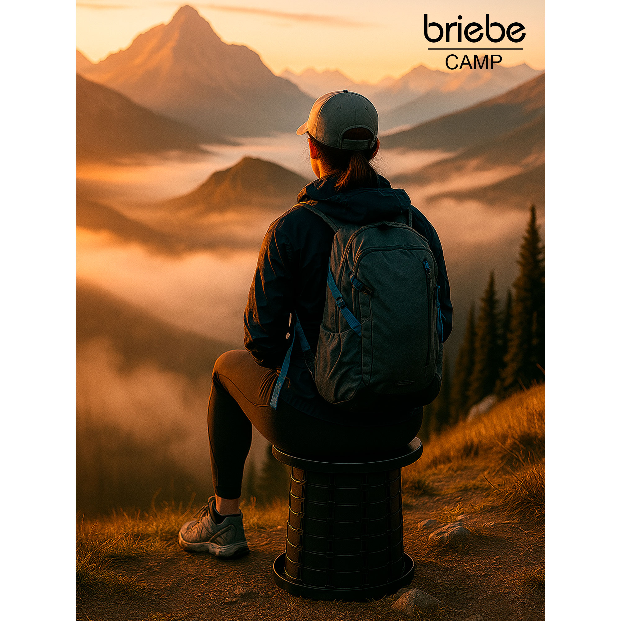 Una persona se sienta en un taburete, mirando las montañas al atardecer.