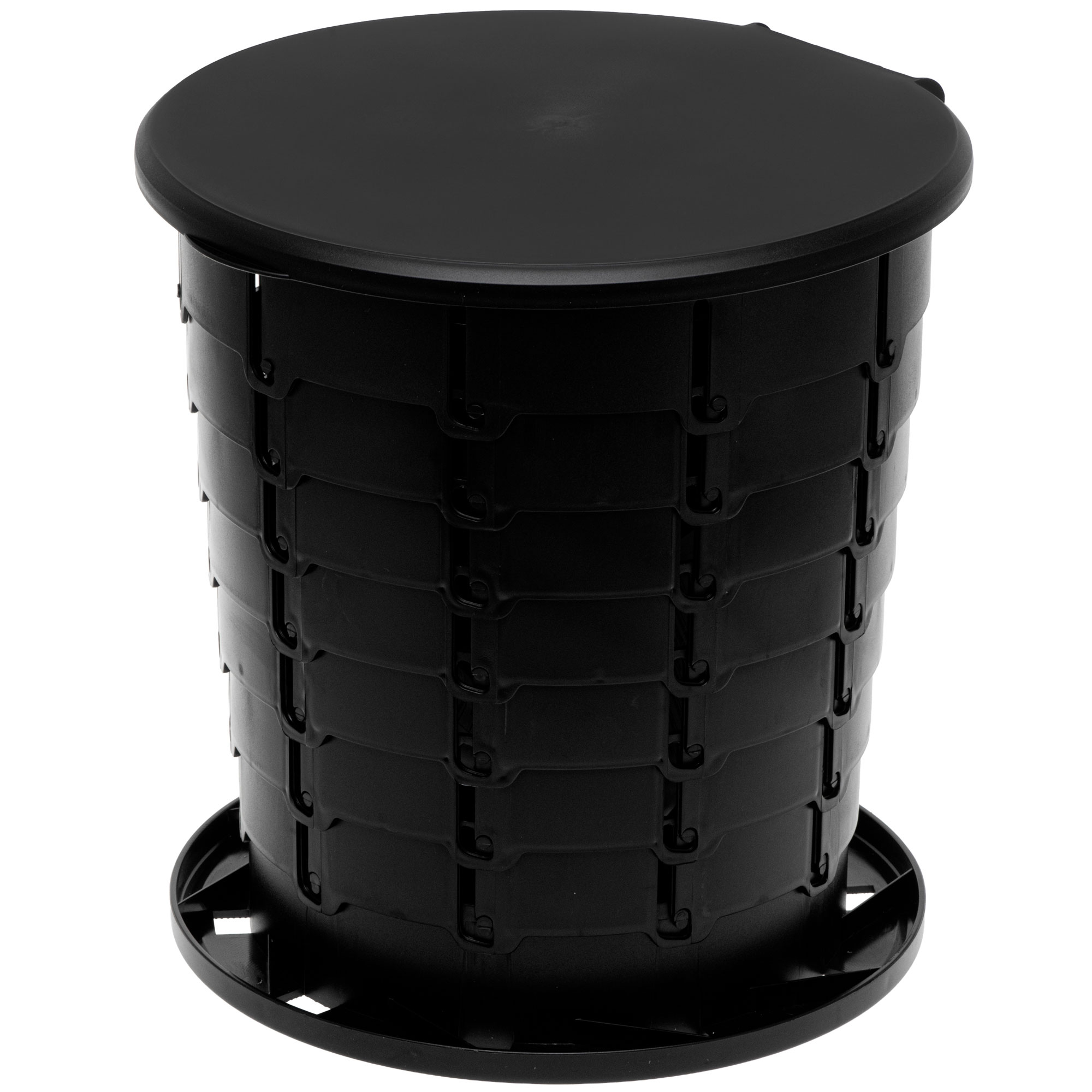 Un taburete plegable portátil negro con asiento y base redondos.