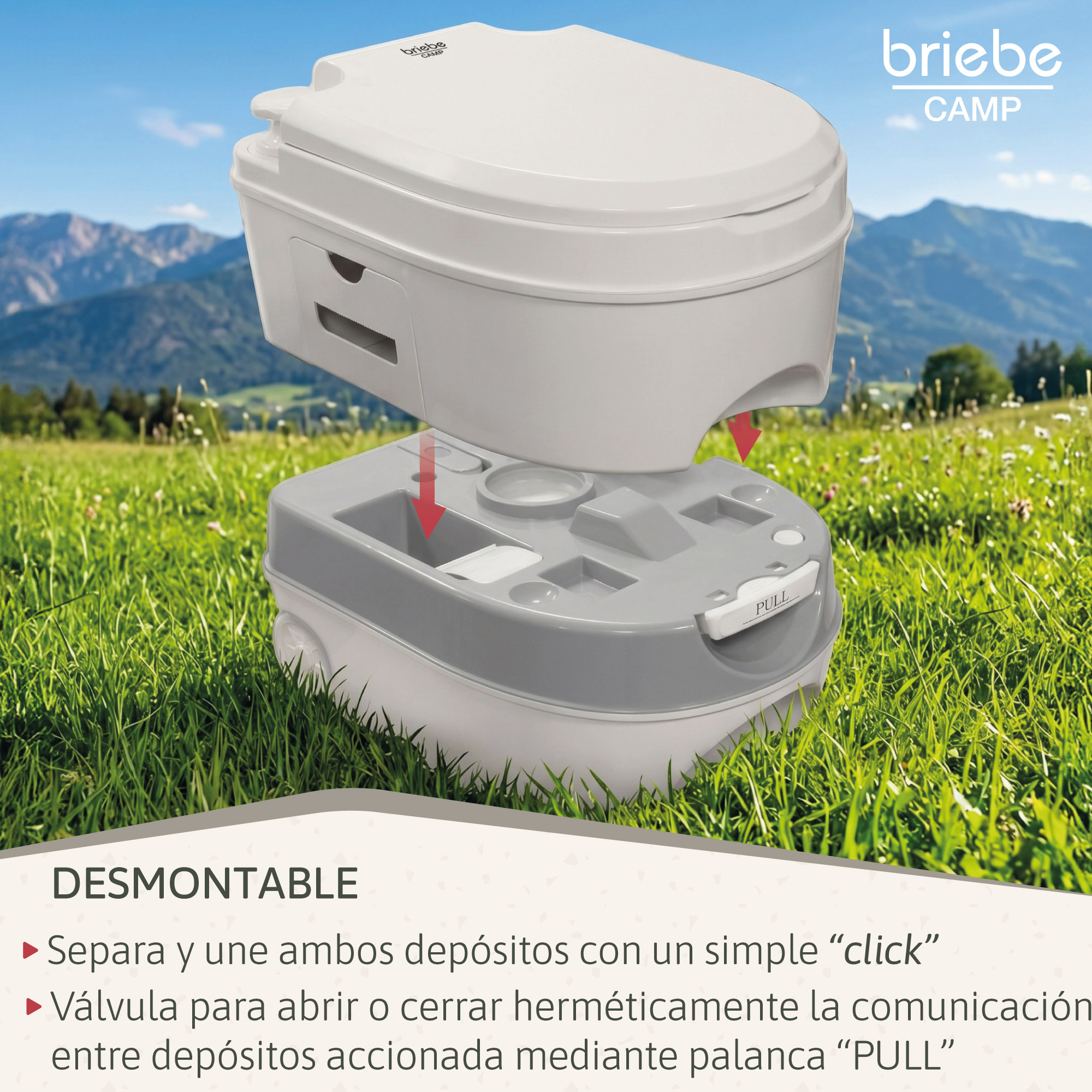 Inodoro portátil de dos depósitos en prado verde.