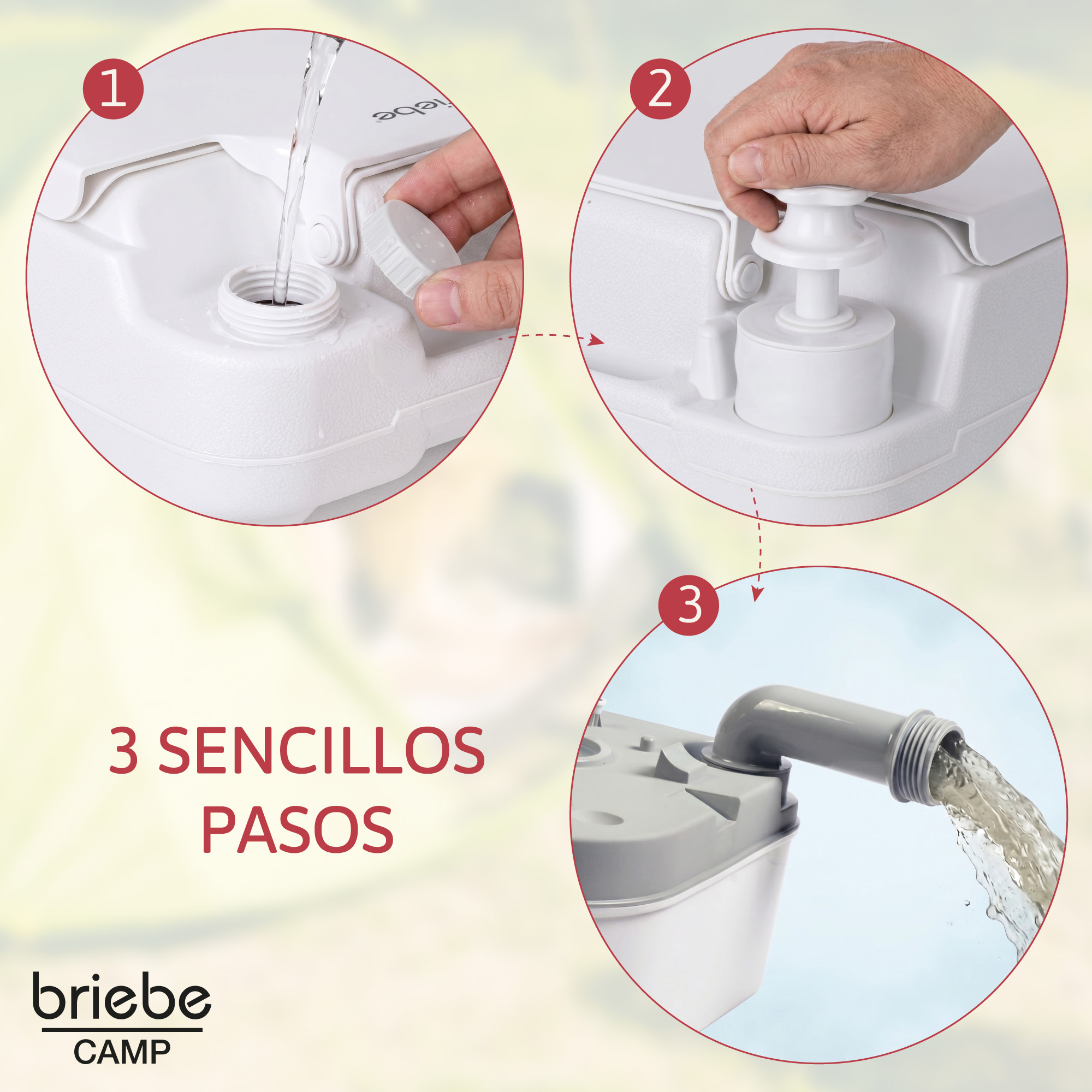 Paso 1: Verter agua, Paso 2: Operar bomba, Paso 3: Tubo de salida.