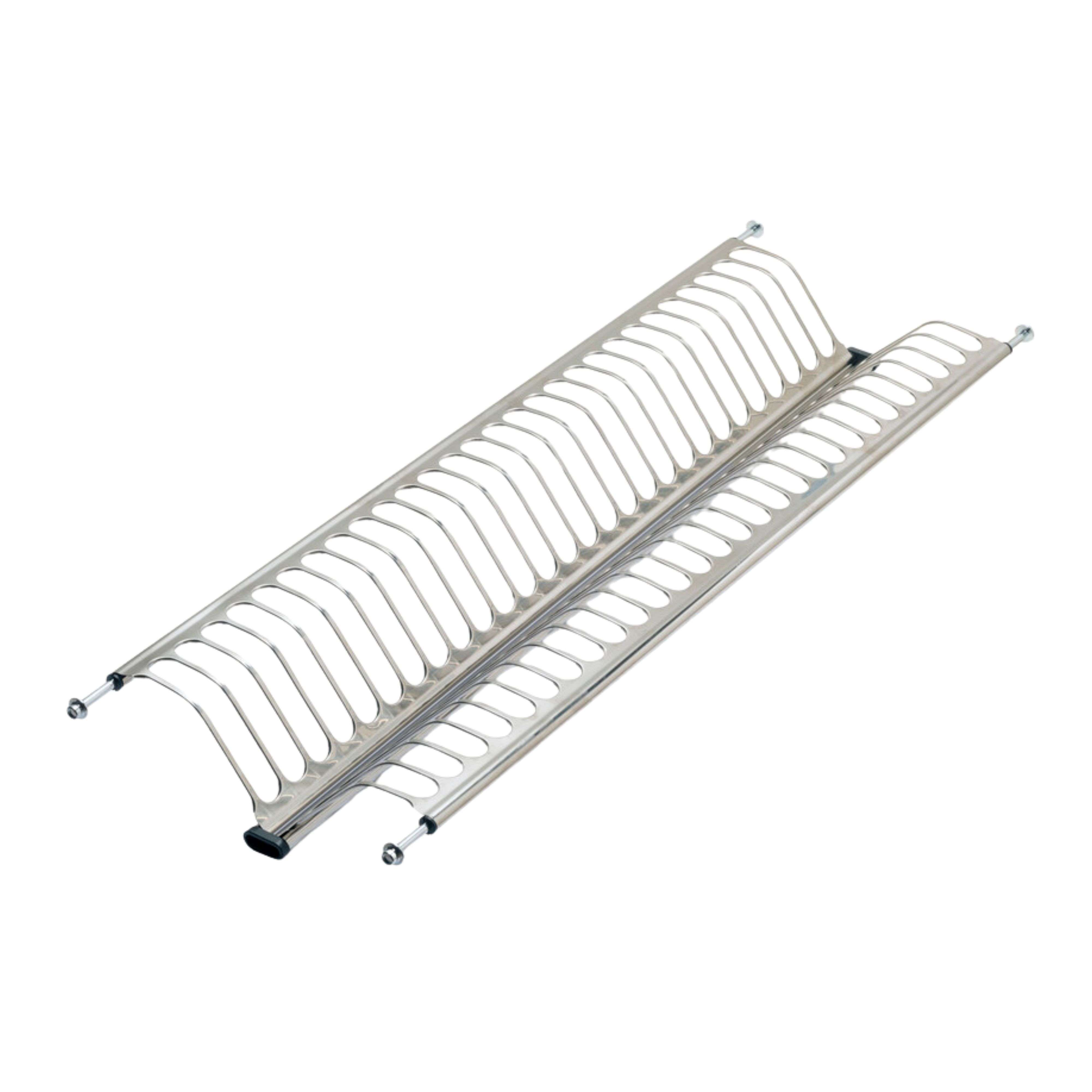 Un escurreplatos rectangular de metal plateado con dos filas de ranuras.
