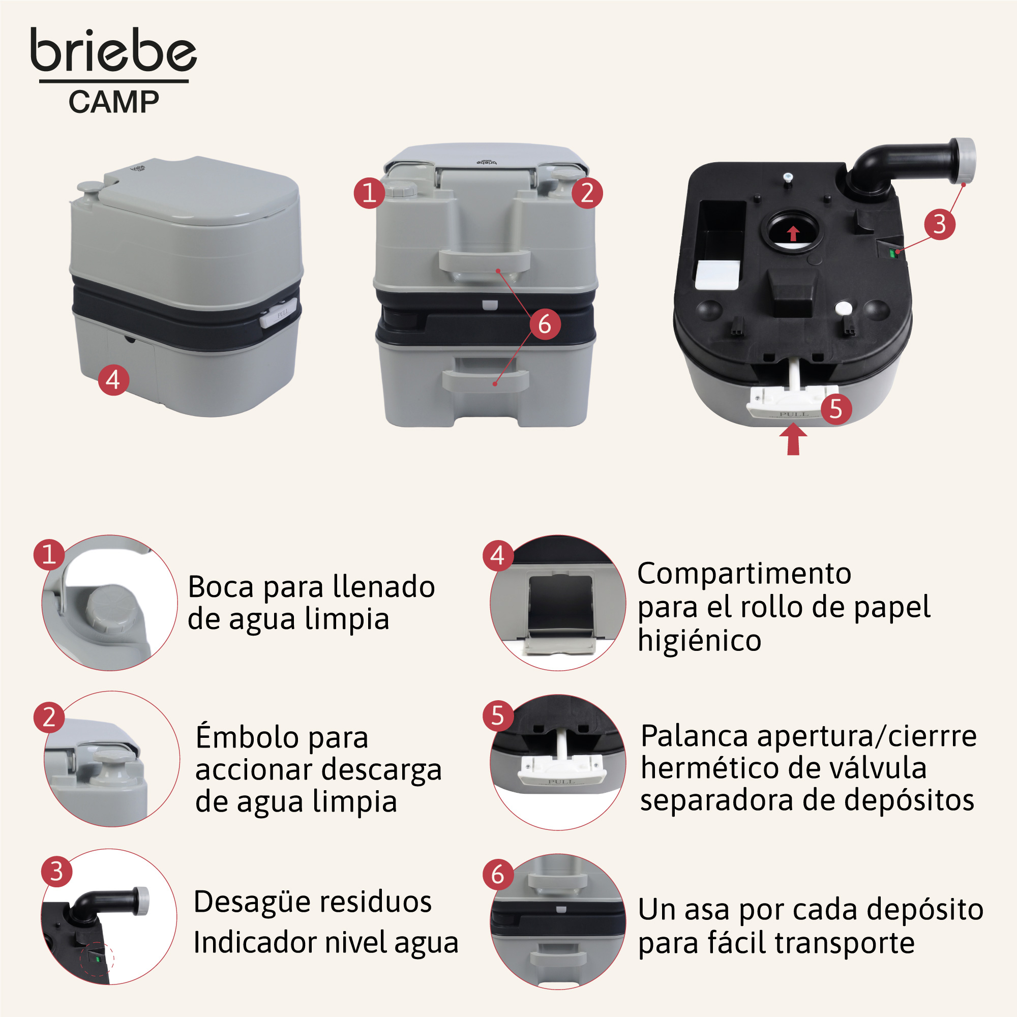 Imágenes de un inodoro portátil de camping con piezas numeradas y etiquetas.