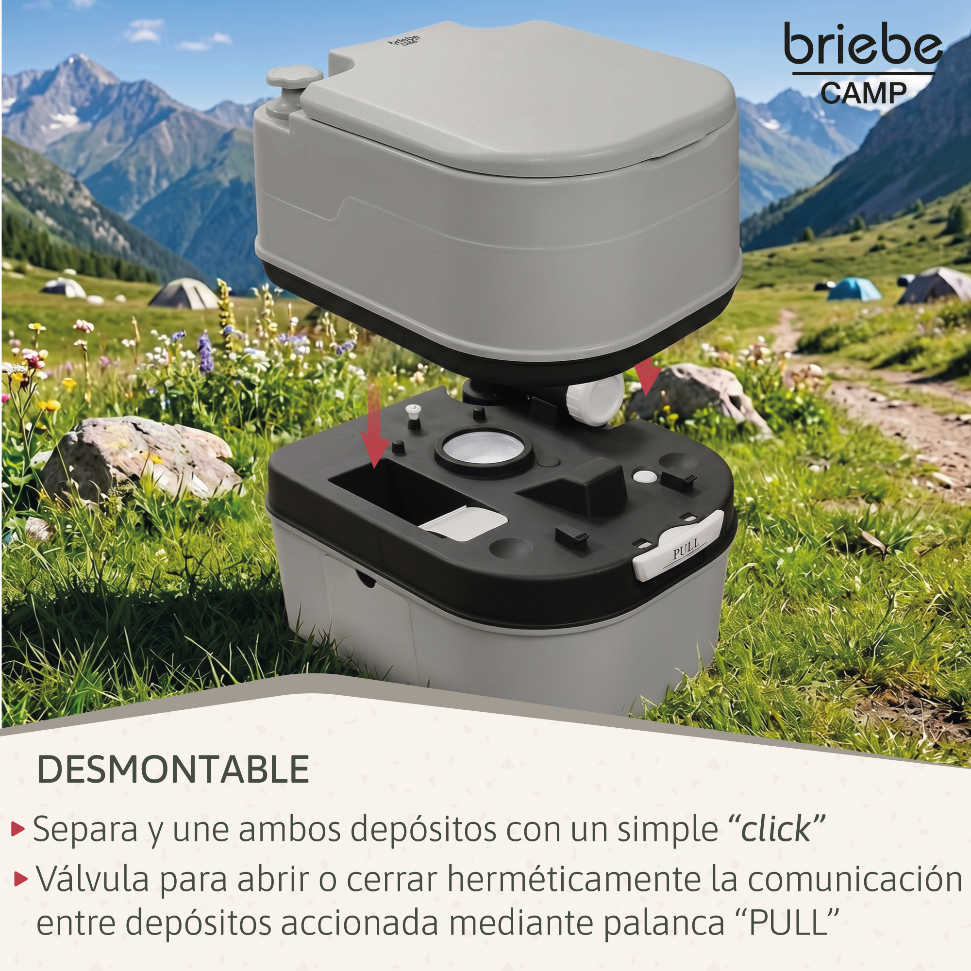 Un inodoro portátil de camping se encuentra en un campo de hierba con montañas y tiendas.