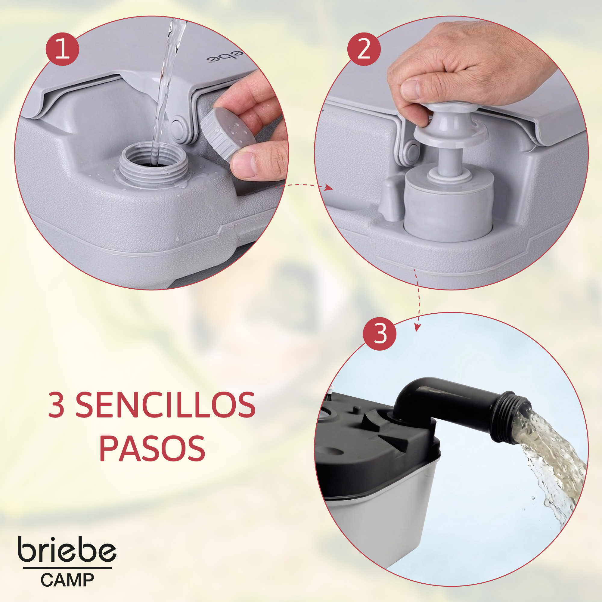 Paso 1: Llenando agua. Paso 2: Presionando un botón. Paso 3: Drenando agua.