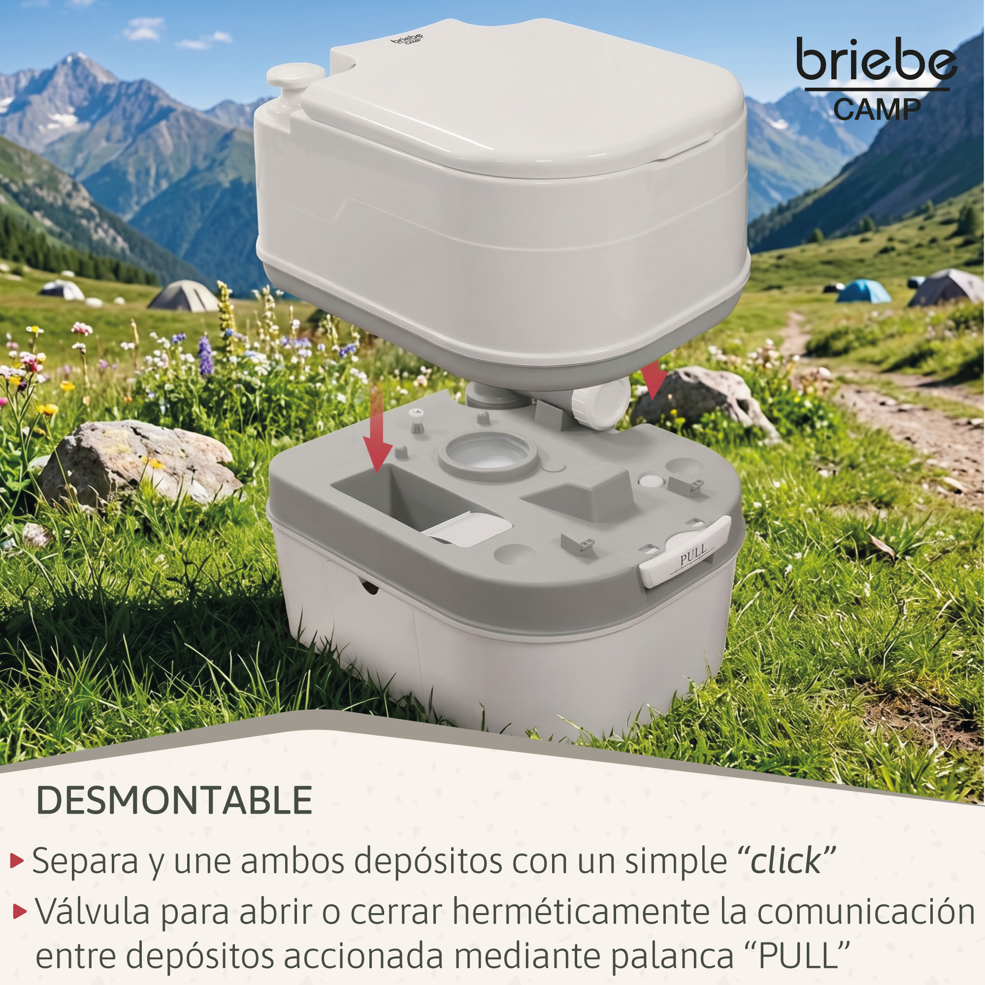 Inodoro portátil al aire libre con montañas y tiendas de campaña al fondo.