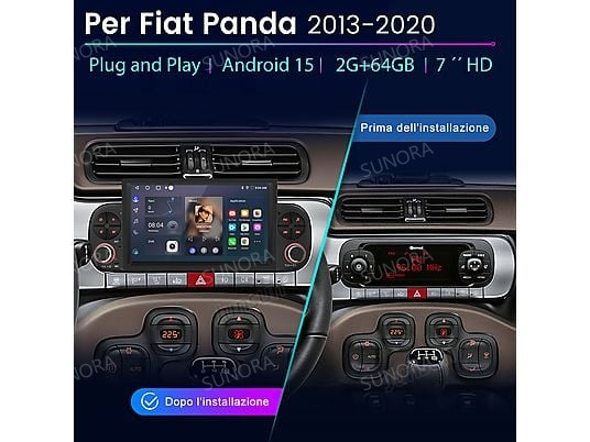Confronto prima e dopo di una autoradio per Fiat Panda 2013-2020.