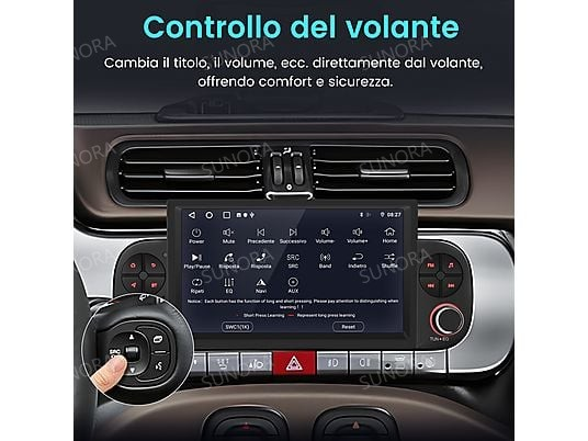 Sistema di infotainment per auto con touchscreen e comandi al volante.