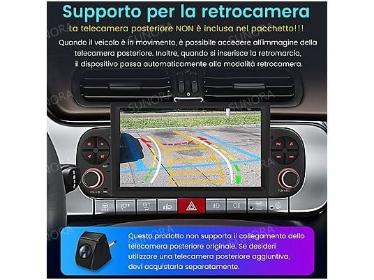 Interno auto con schermo che mostra vista telecamera retromarcia.