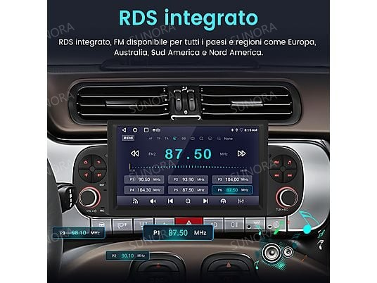 Un touchscreen per autoradio che mostra stazioni radio e controlli.