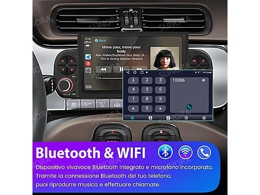 Schermo autoradio mostra musica e tastierino con icone Bluetooth/WIFI.