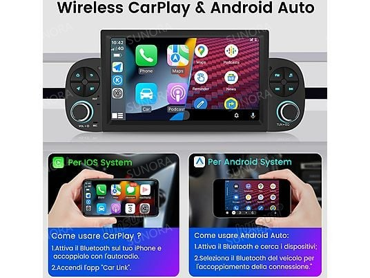 Display autoradio mostra CarPlay/Android Auto. Sotto sono mostrati iPhone e Android.