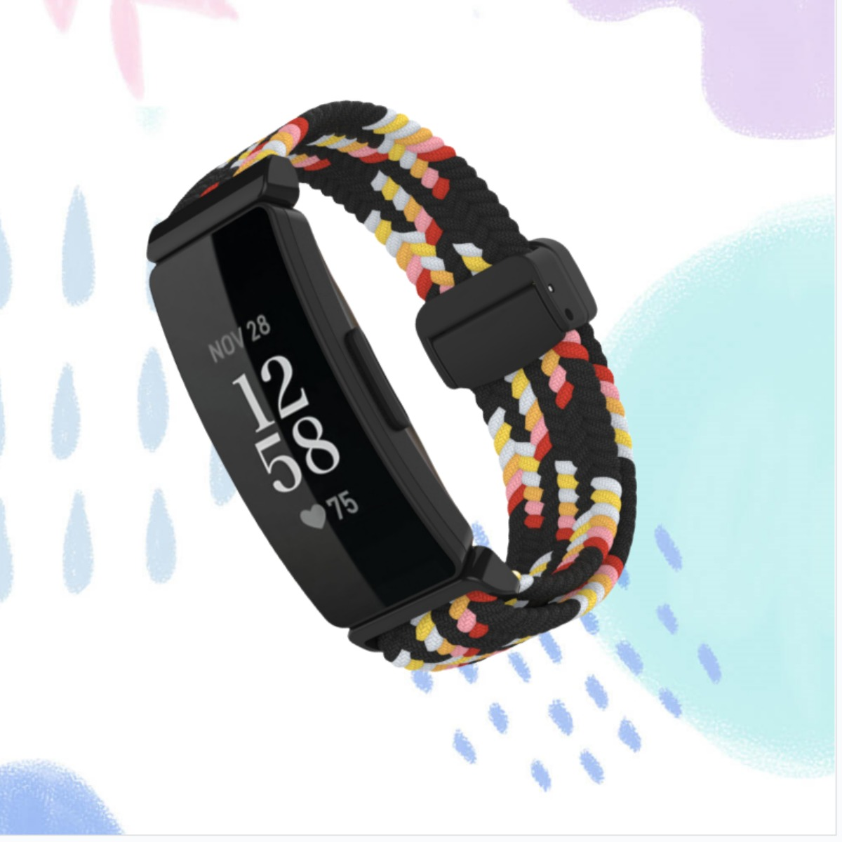 Fitness-Tracker mit buntem Armband und Digitalanzeige: 12:58, 28. Nov., 75 Schläge.
