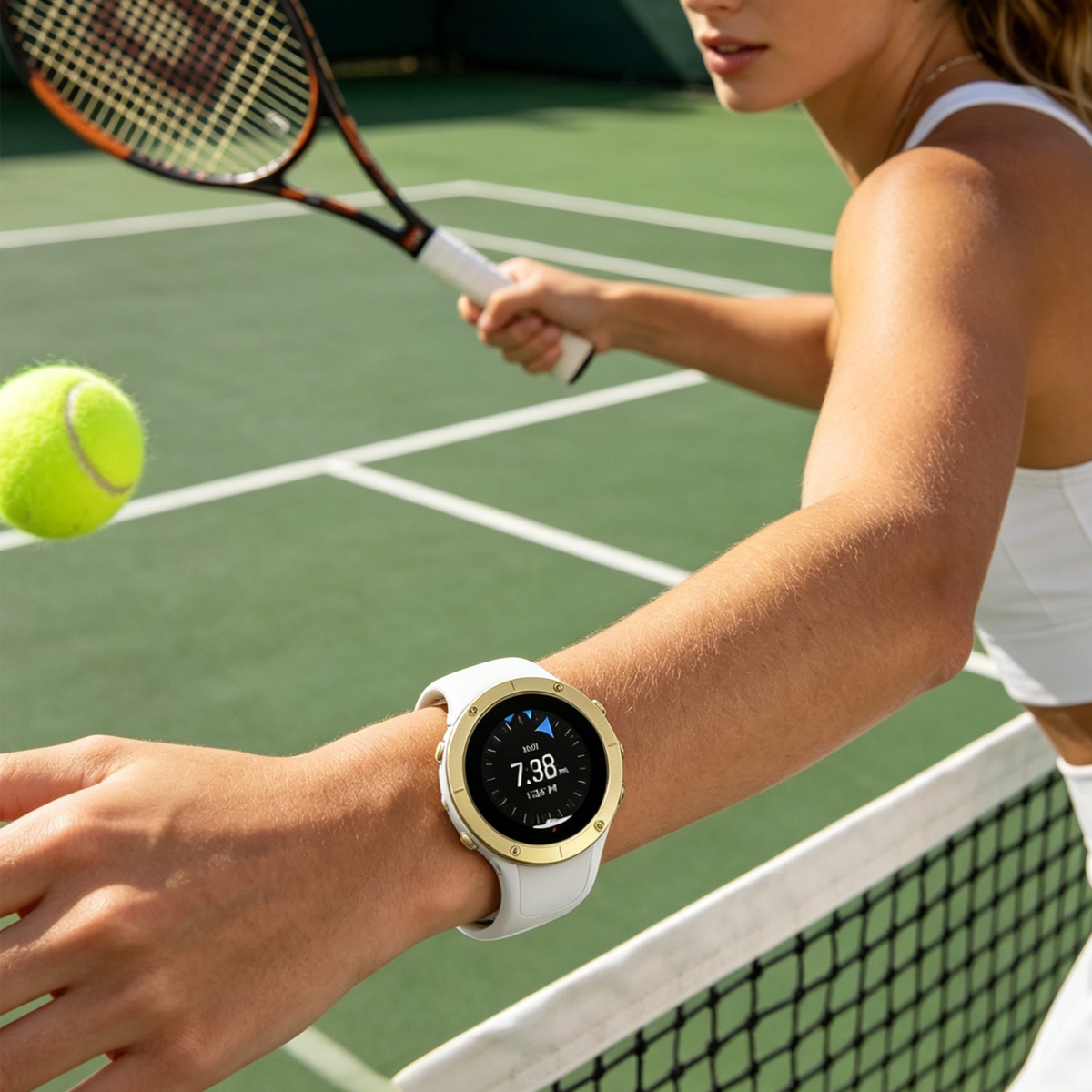 Una donna su un campo da tennis con racchetta e palla, indossa un orologio bianco.