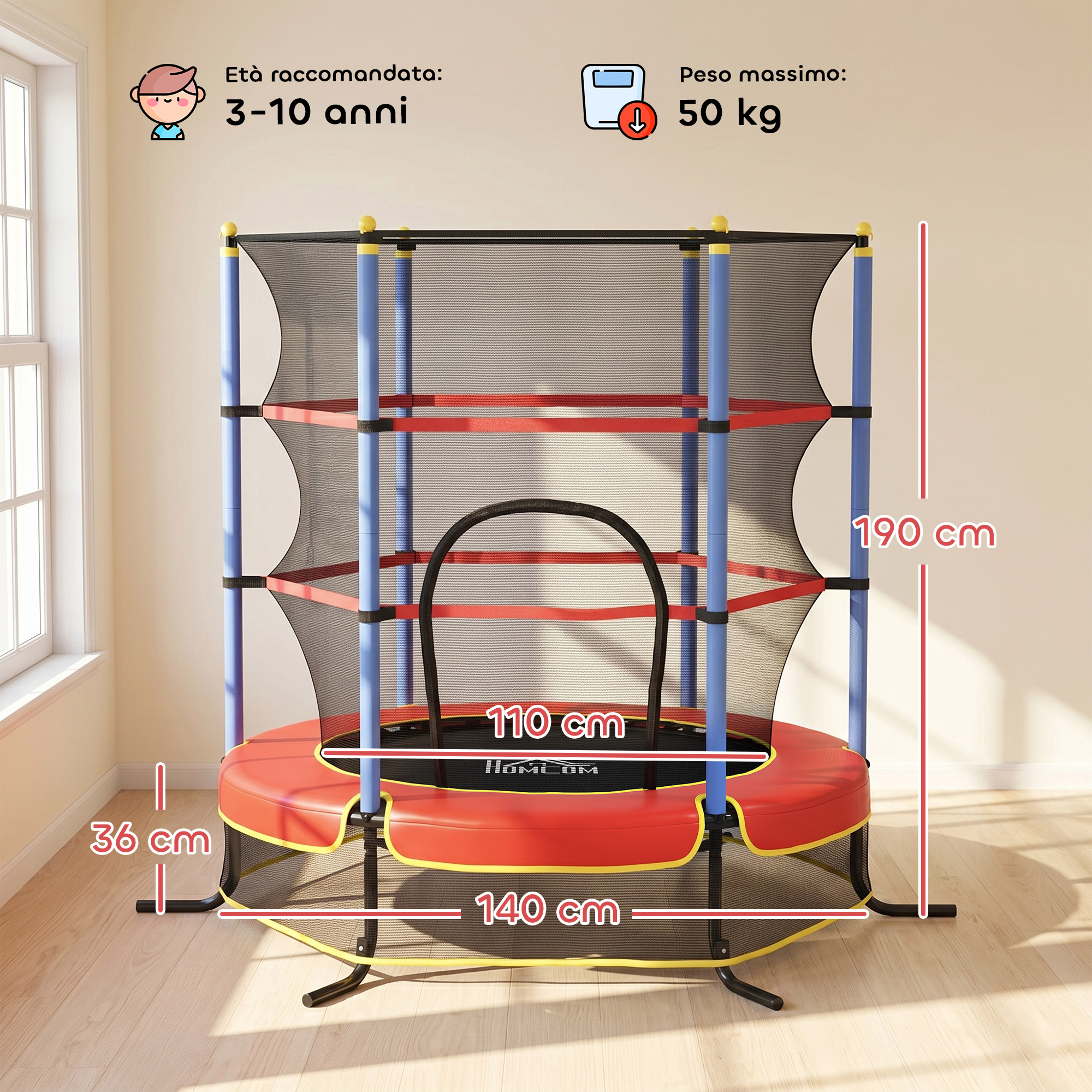 Un trampolino rosso con telaio blu, largo 140cm, diametro 110cm, alto 190cm.
