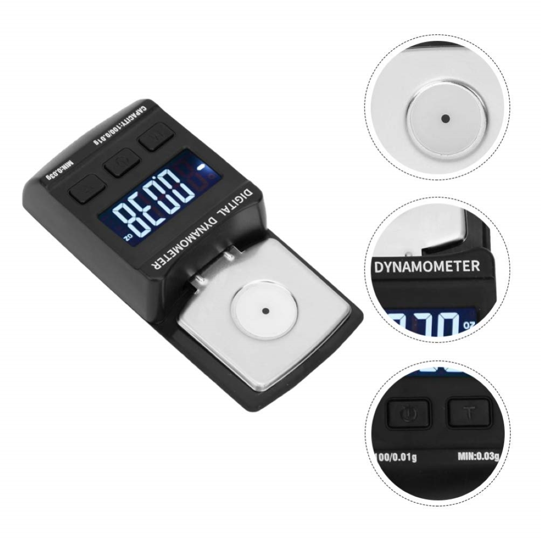 Dinamometro digitale nero con piattaforma di pesatura aperta e display blu.