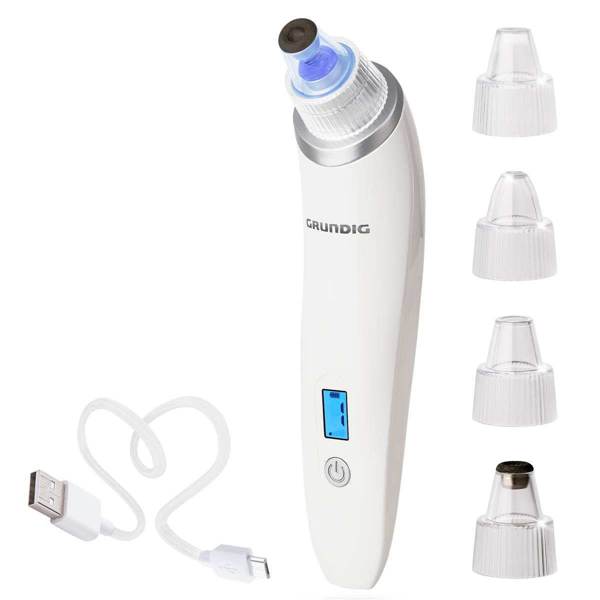 Ein weißes Hautpflegegerät mit USB-Ladekabel und Aufsätzen.